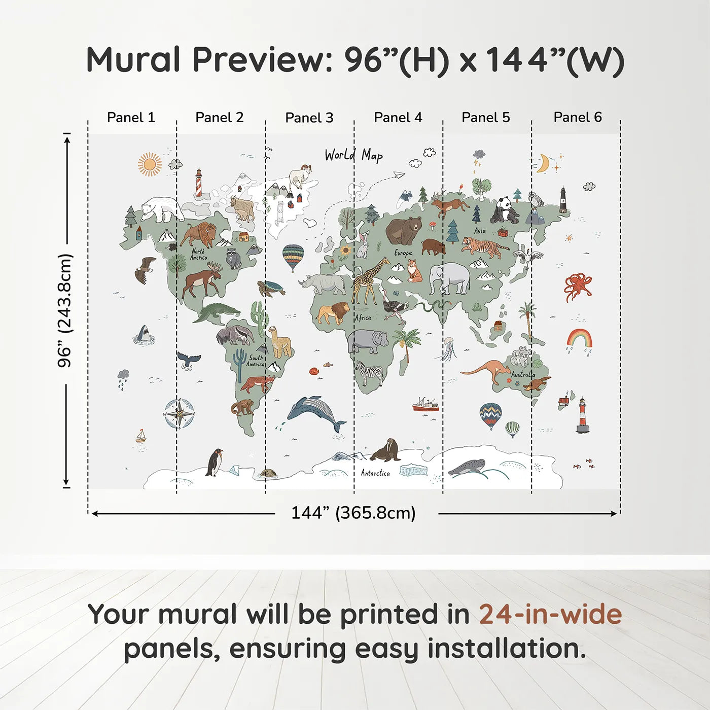 Whimsy Tots Doodle Animal World Map Wall Muraldimension view (96" H x 144" W). Printed in six 24-inch-wide panels. Gender-Neutral