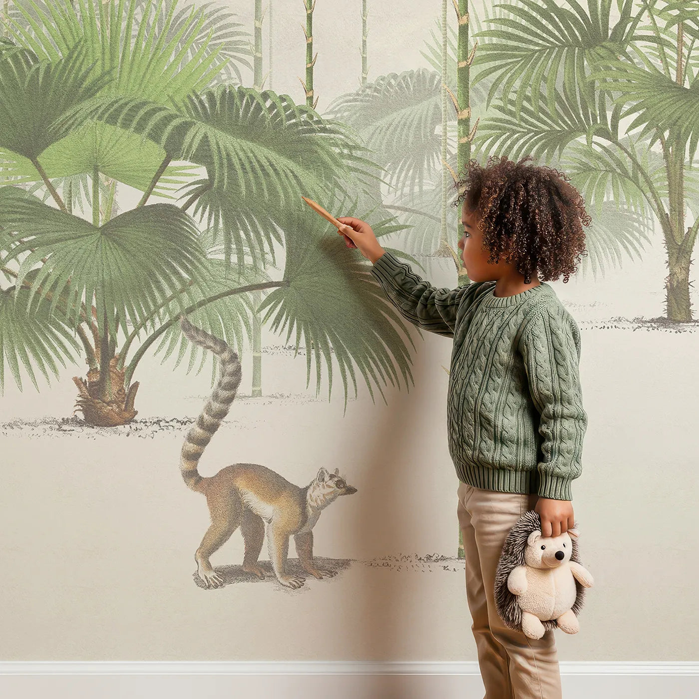 Child in front of Whimsy Tots Vintage Jungle Panorama Wall Mural with jungle, safari, vintage, animal, giraffe, zebra, elephant, tropical in design.