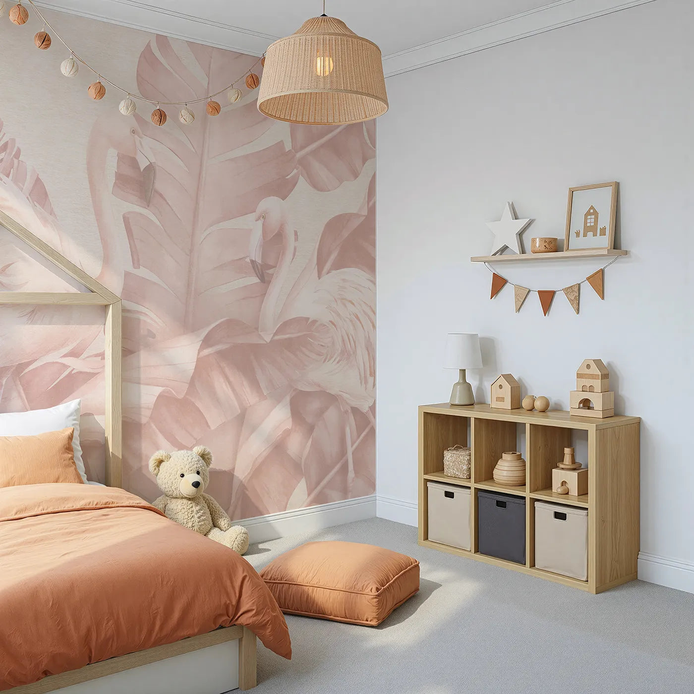 Angled view of Whimsy Tots' Pastel Flamingo Oasis Wall Mural (Turn Their Room into a Soft and Dreamy Tropical Lagoon).Best for Girls