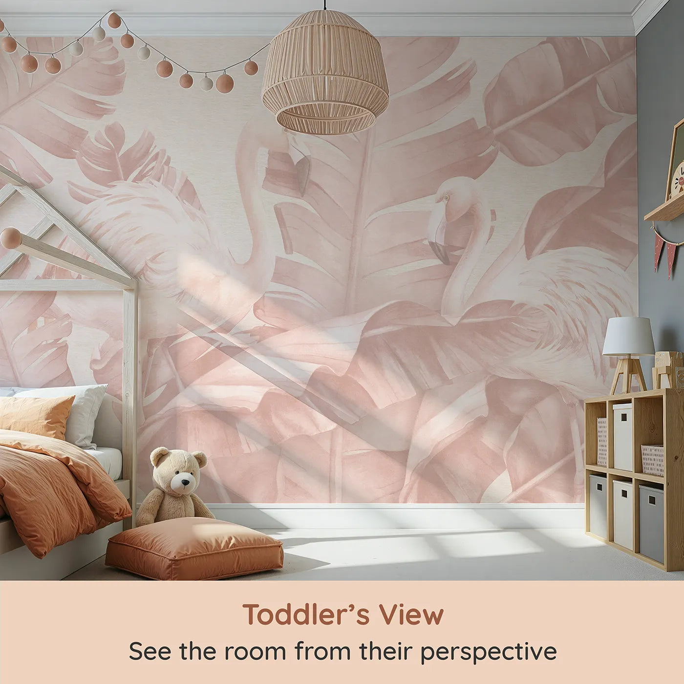 Whimsy Tots Pastel Flamingo Oasis Wall Mural (Turn Their Room into a Soft and Dreamy Tropical Lagoon) from your child's view.Best for Girls