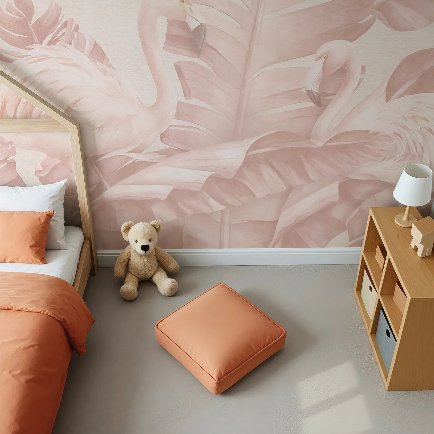 Top-down view of Whimsy Tots' Pastel Flamingo Oasis Wall Mural (Turn Their Room into a Soft and Dreamy Tropical Lagoon).Best for Girls