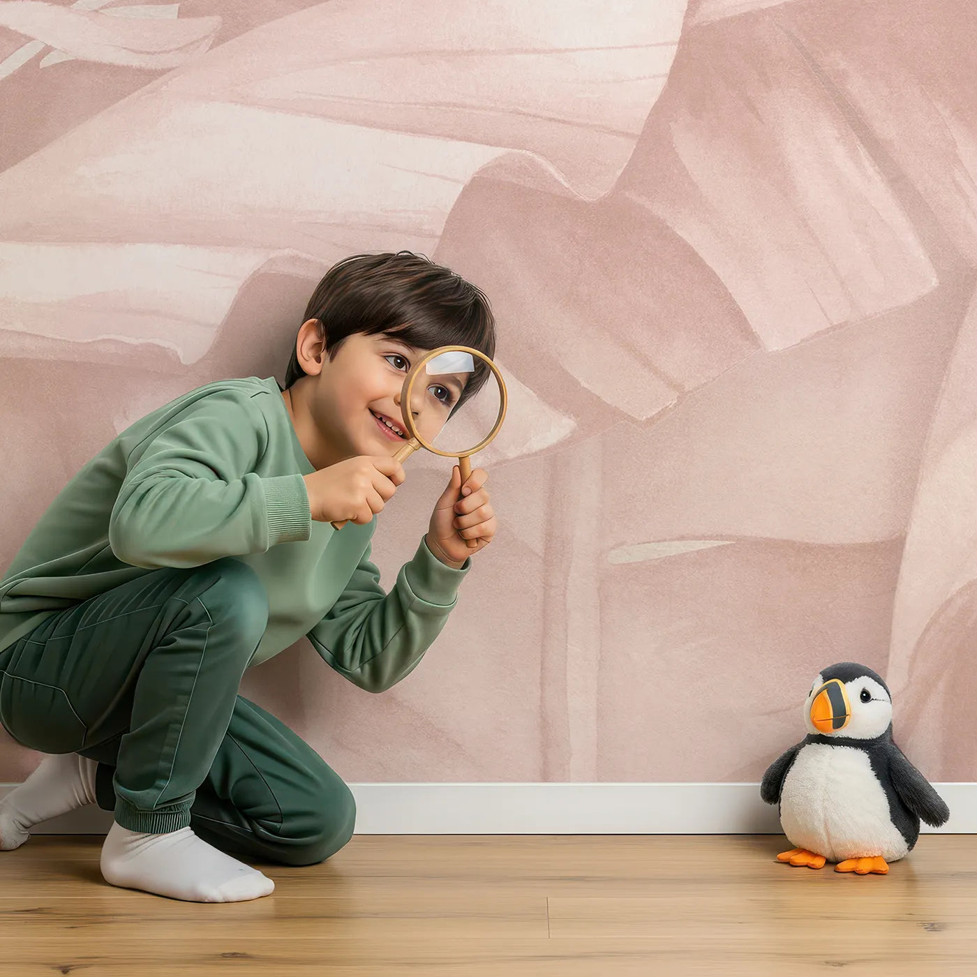 Child in front of Whimsy Tots Pastel Flamingo Oasis Wall Mural with flamingo, pink, pastel, tropical, leaf, bird, romantic, painterly in design.