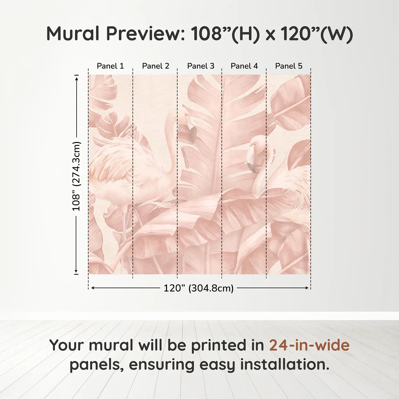 Whimsy Tots Pastel Flamingo Oasis Wall Muraldimension view (108" H x 120" W). Printed in five 24-inch-wide panels. Best for Girls