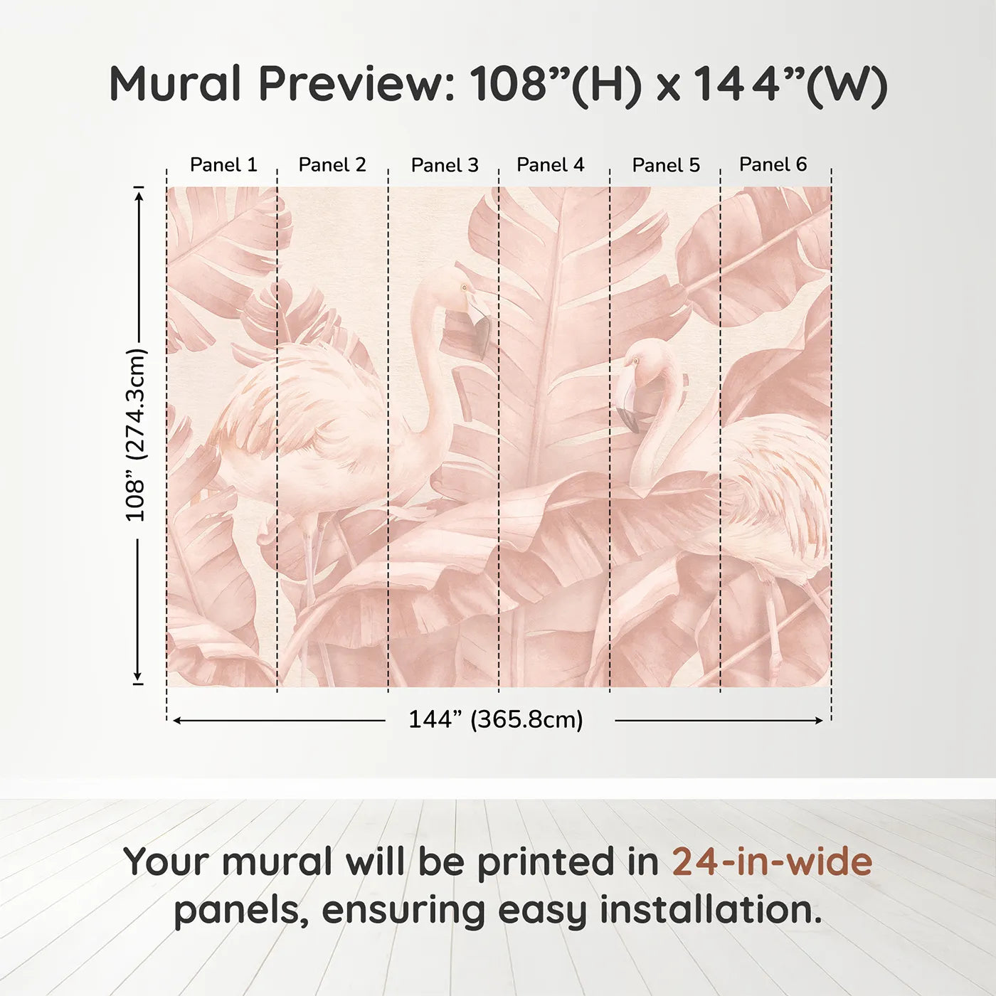 Whimsy Tots Pastel Flamingo Oasis Wall Muraldimension view (108" H x 144" W). Printed in six 24-inch-wide panels. Best for Girls