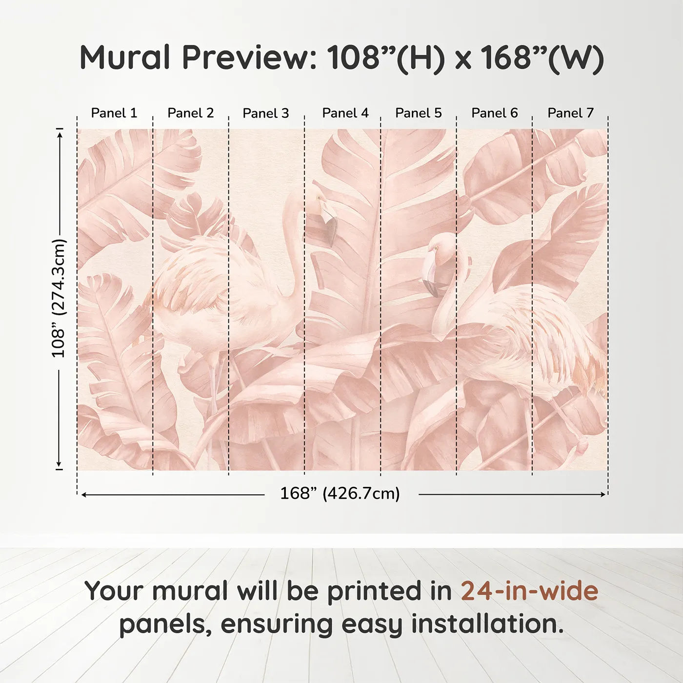 Whimsy Tots Pastel Flamingo Oasis Wall Muraldimension view (108" H x 168" W). Printed in seven 24-inch-wide panels. Best for Girls