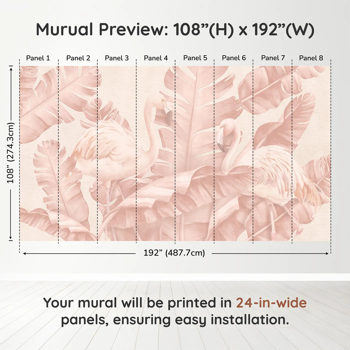 Whimsy Tots Pastel Flamingo Oasis Wall Muraldimension view (108" H x 192" W). Printed in eight 24-inch-wide panels. Best for Girls