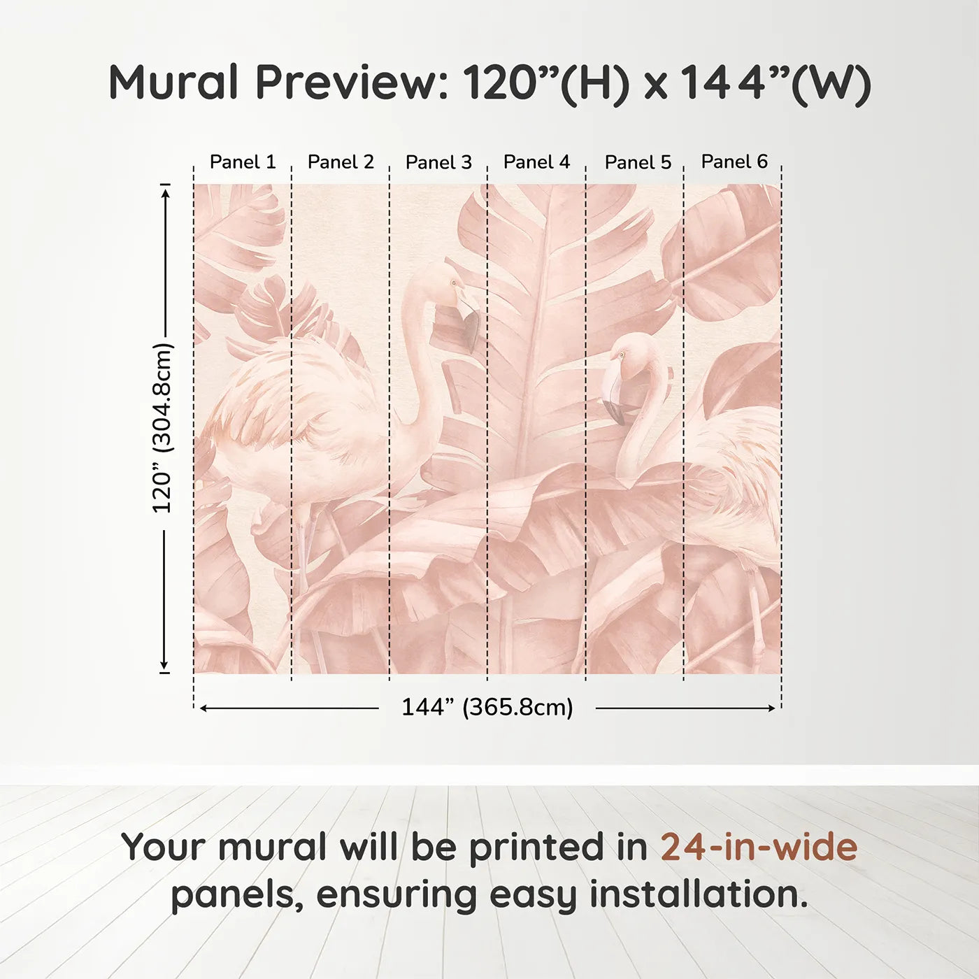 Whimsy Tots Pastel Flamingo Oasis Wall Muraldimension view (120" H x 144" W). Printed in six 24-inch-wide panels. Best for Girls