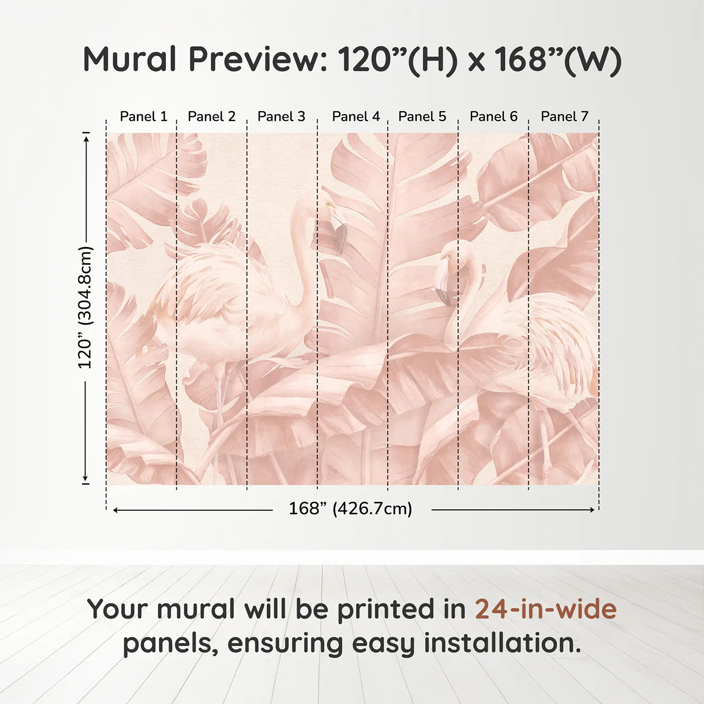 Whimsy Tots Pastel Flamingo Oasis Wall Muraldimension view (120" H x 168" W). Printed in seven 24-inch-wide panels. Best for Girls