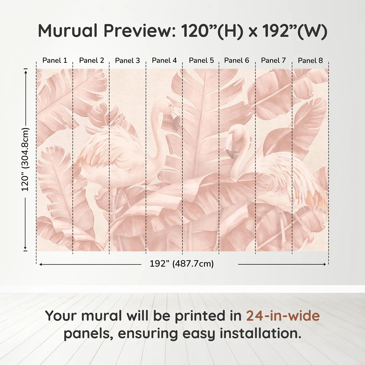 Whimsy Tots Pastel Flamingo Oasis Wall Muraldimension view (120" H x 192" W). Printed in eight 24-inch-wide panels. Best for Girls