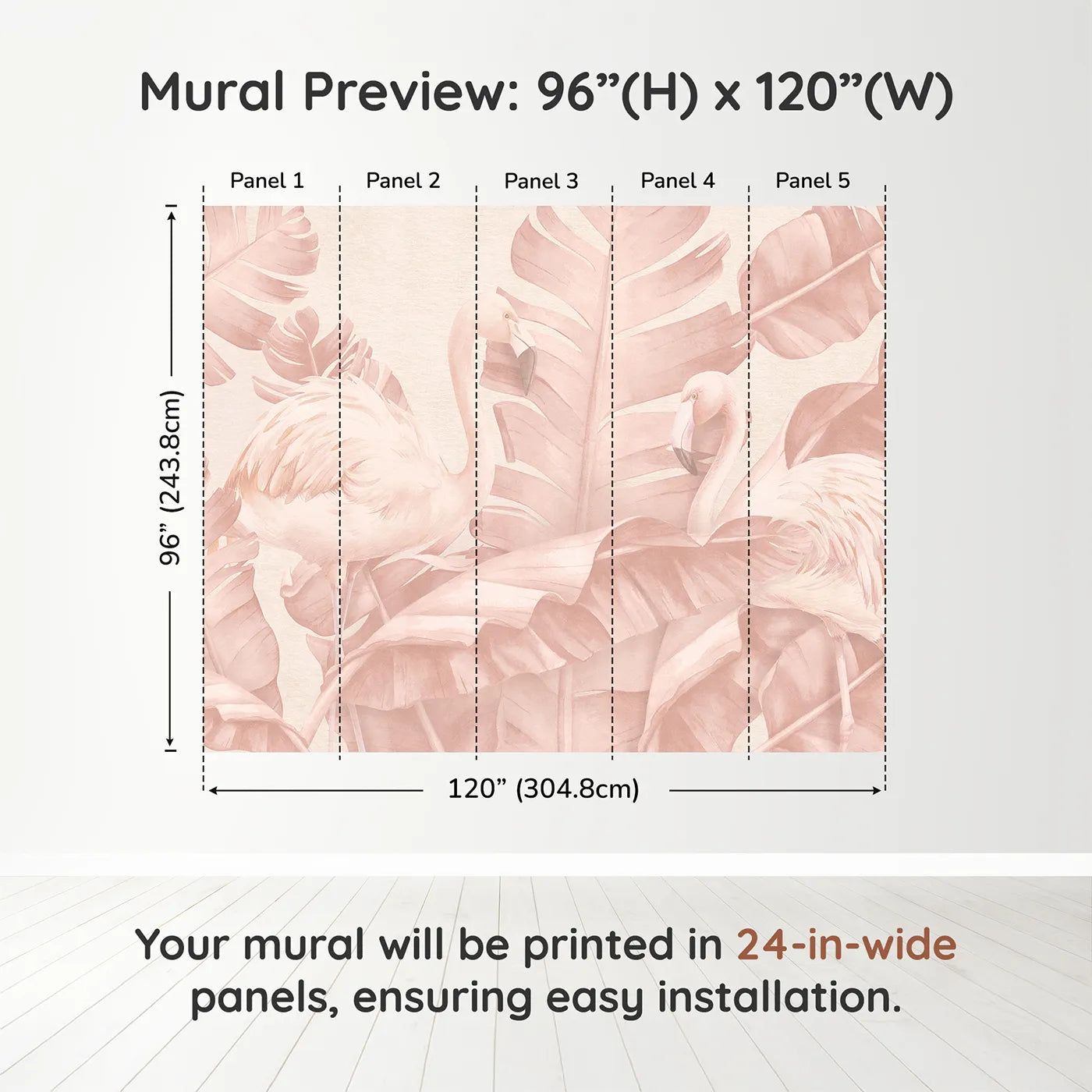 Whimsy Tots Pastel Flamingo Oasis Wall Muraldimension view (96" H x 120" W). Printed in five 24-inch-wide panels. Best for Girls