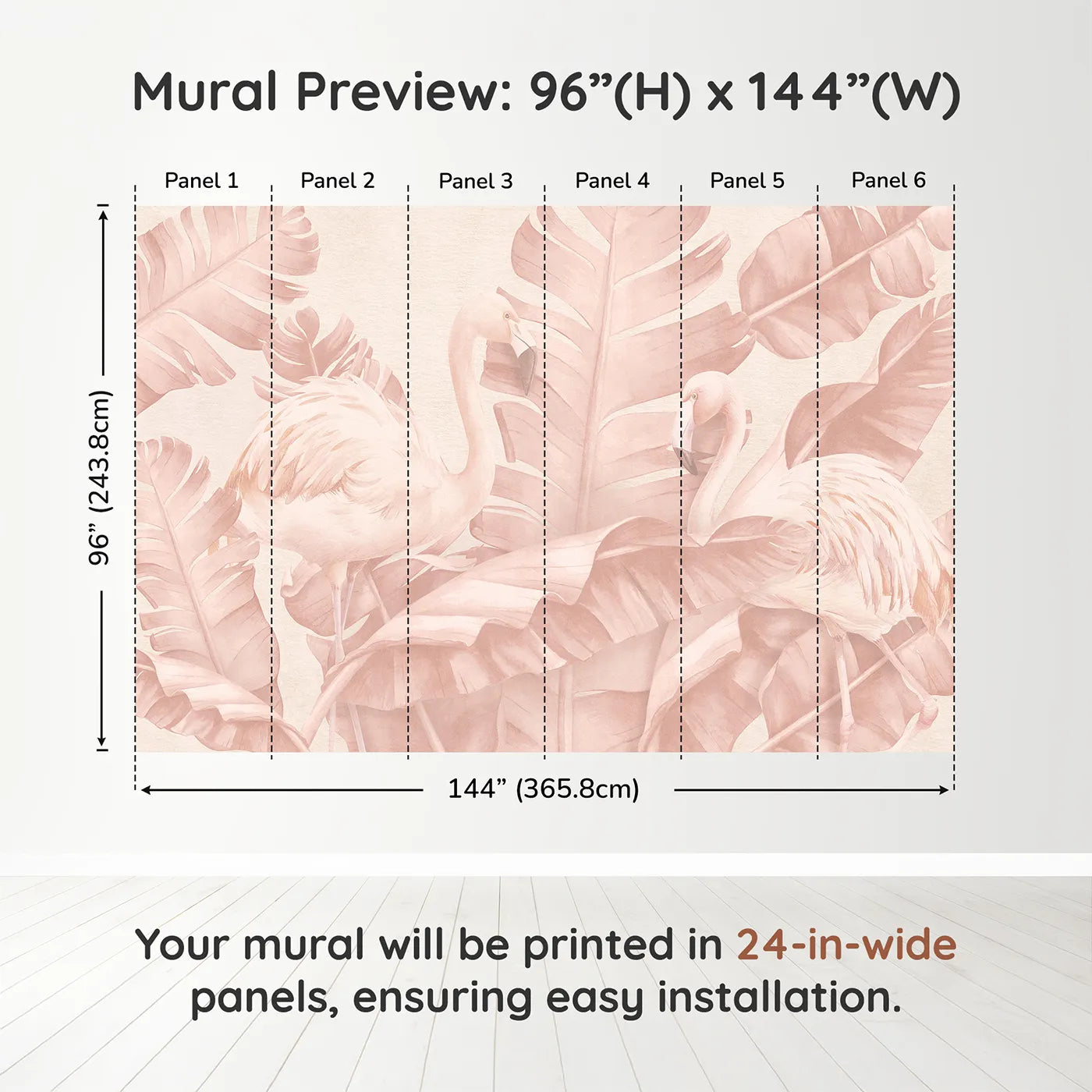 Whimsy Tots Pastel Flamingo Oasis Wall Muraldimension view (96" H x 144" W). Printed in six 24-inch-wide panels. Best for Girls