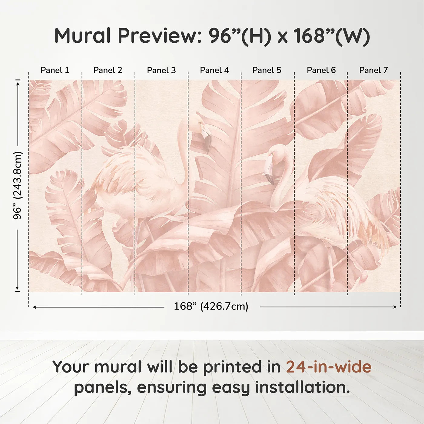 Whimsy Tots Pastel Flamingo Oasis Wall Muraldimension view (96" H x 168" W). Printed in seven 24-inch-wide panels. Best for Girls