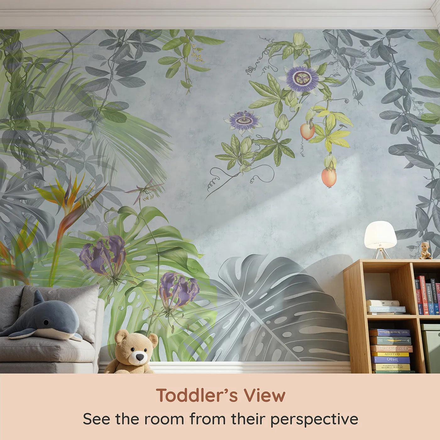 Whimsy Tots Exotic Garden Wall Mural (Turn Their Room into a Lush and Vibrant Botanical Paradise) from your child's view.Gender-Neutral