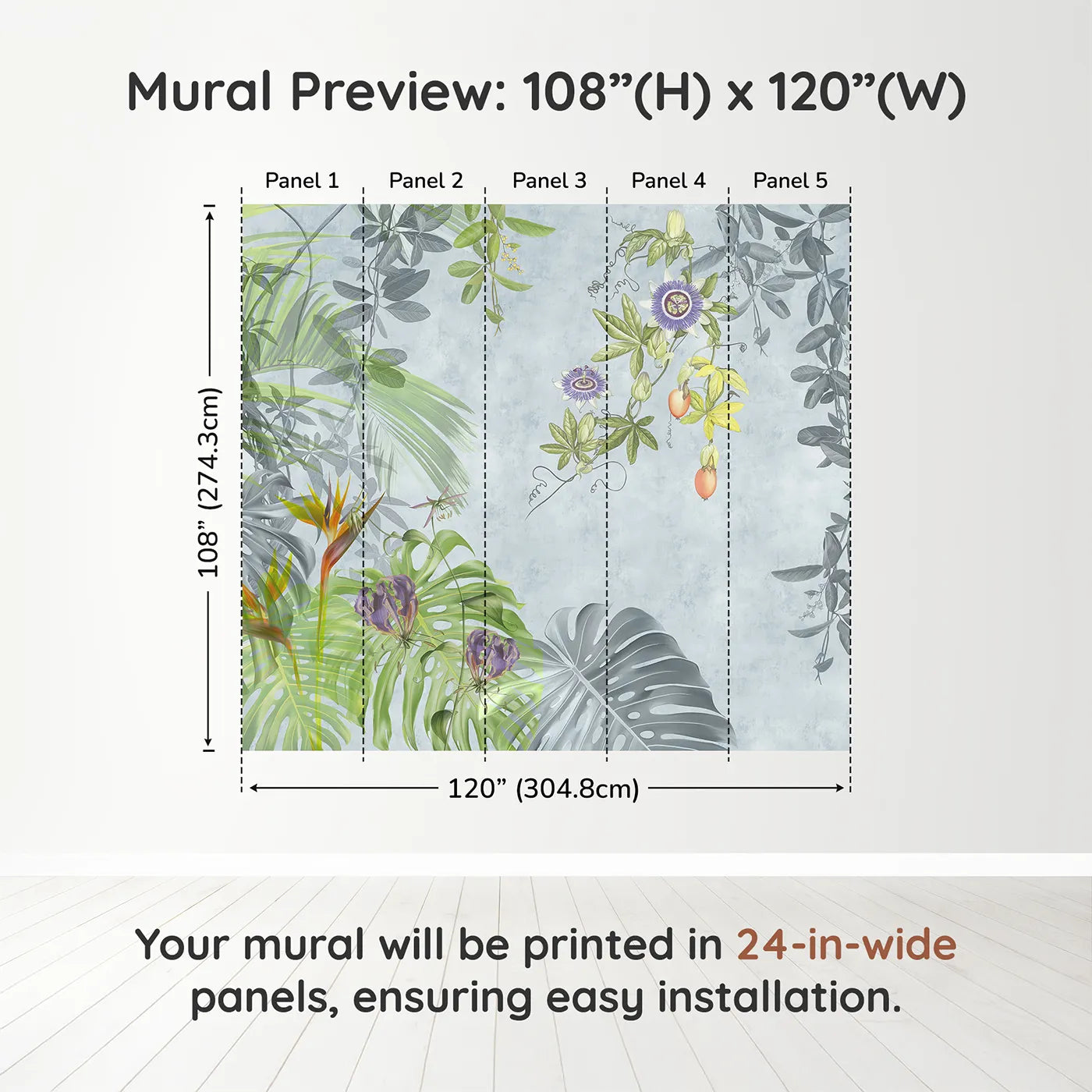 Whimsy Tots Exotic Garden Wall Muraldimension view (108" H x 120" W). Printed in five 24-inch-wide panels. Gender-Neutral