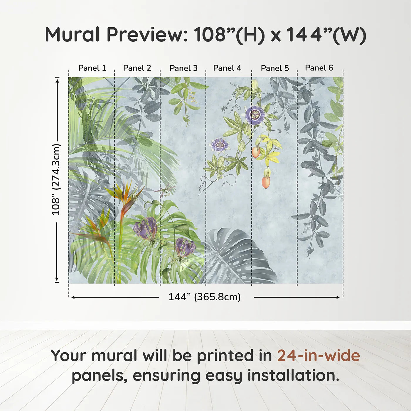 Whimsy Tots Exotic Garden Wall Muraldimension view (108" H x 144" W). Printed in six 24-inch-wide panels. Gender-Neutral