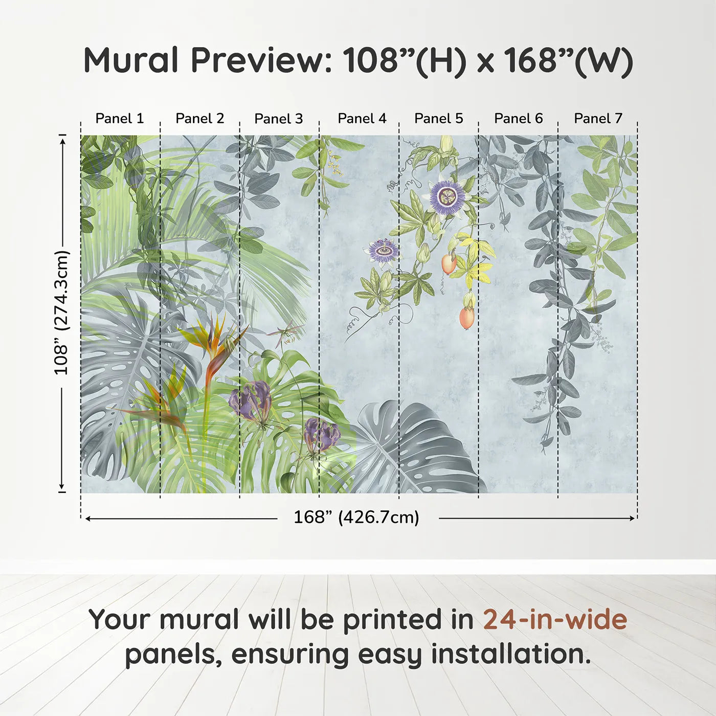 Whimsy Tots Exotic Garden Wall Muraldimension view (108" H x 168" W). Printed in seven 24-inch-wide panels. Gender-Neutral