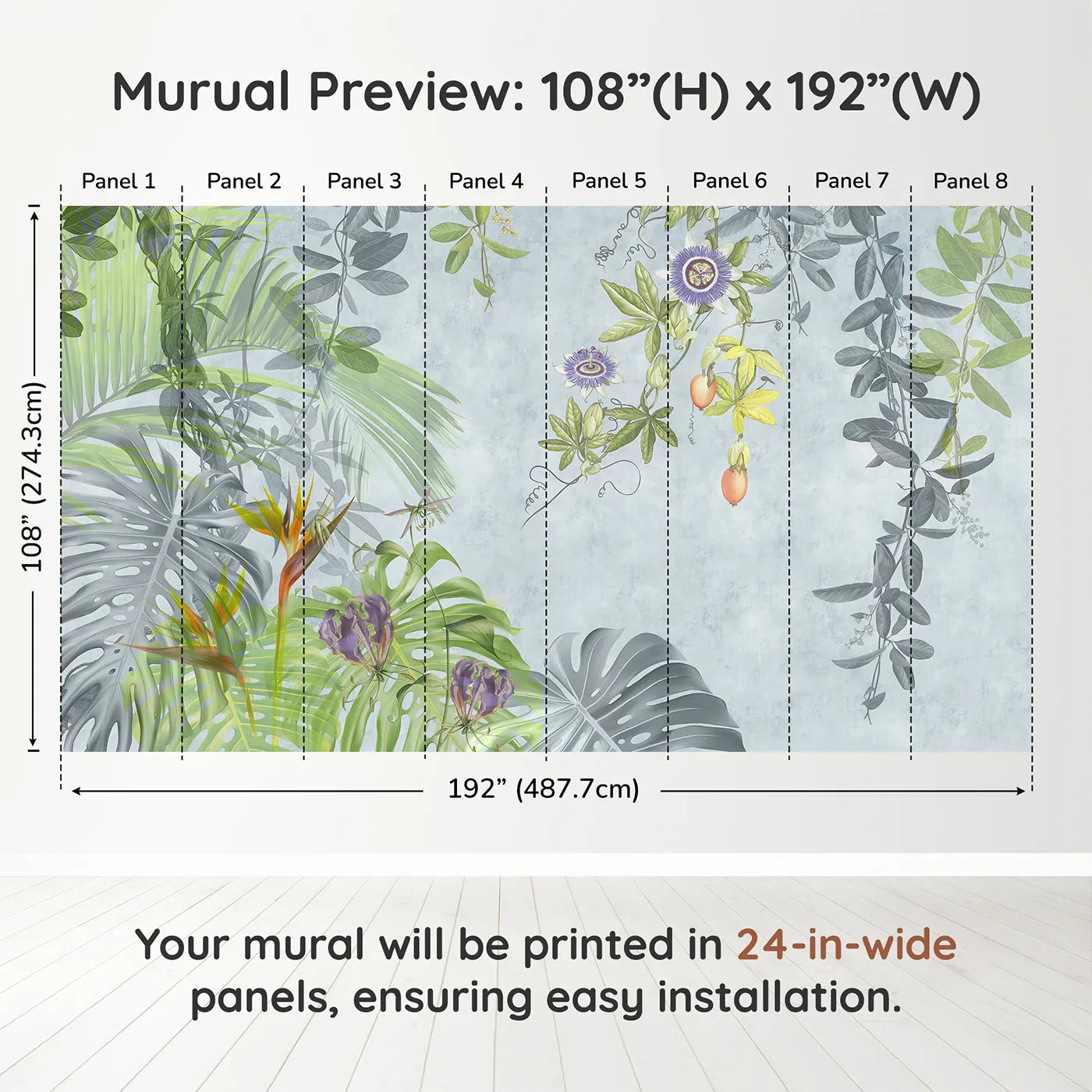 Whimsy Tots Exotic Garden Wall Muraldimension view (108" H x 192" W). Printed in eight 24-inch-wide panels. Gender-Neutral