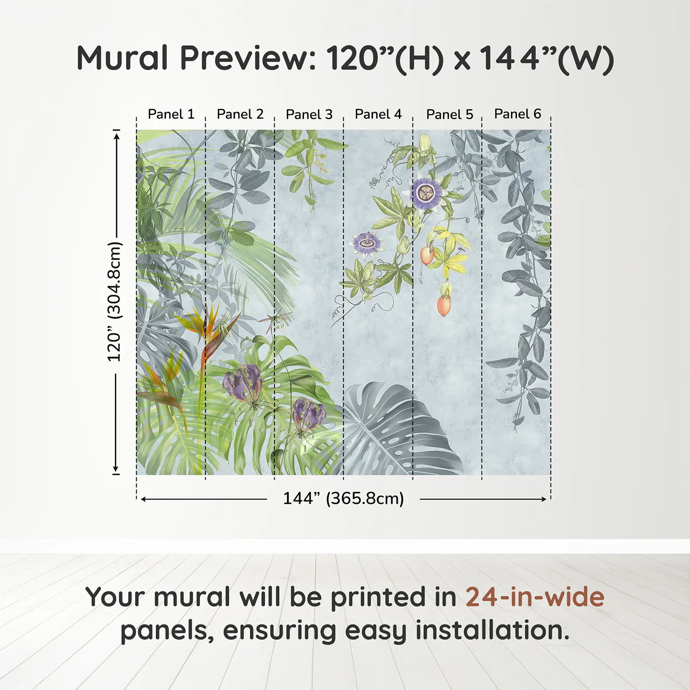 Whimsy Tots Exotic Garden Wall Muraldimension view (120" H x 144" W). Printed in six 24-inch-wide panels. Gender-Neutral