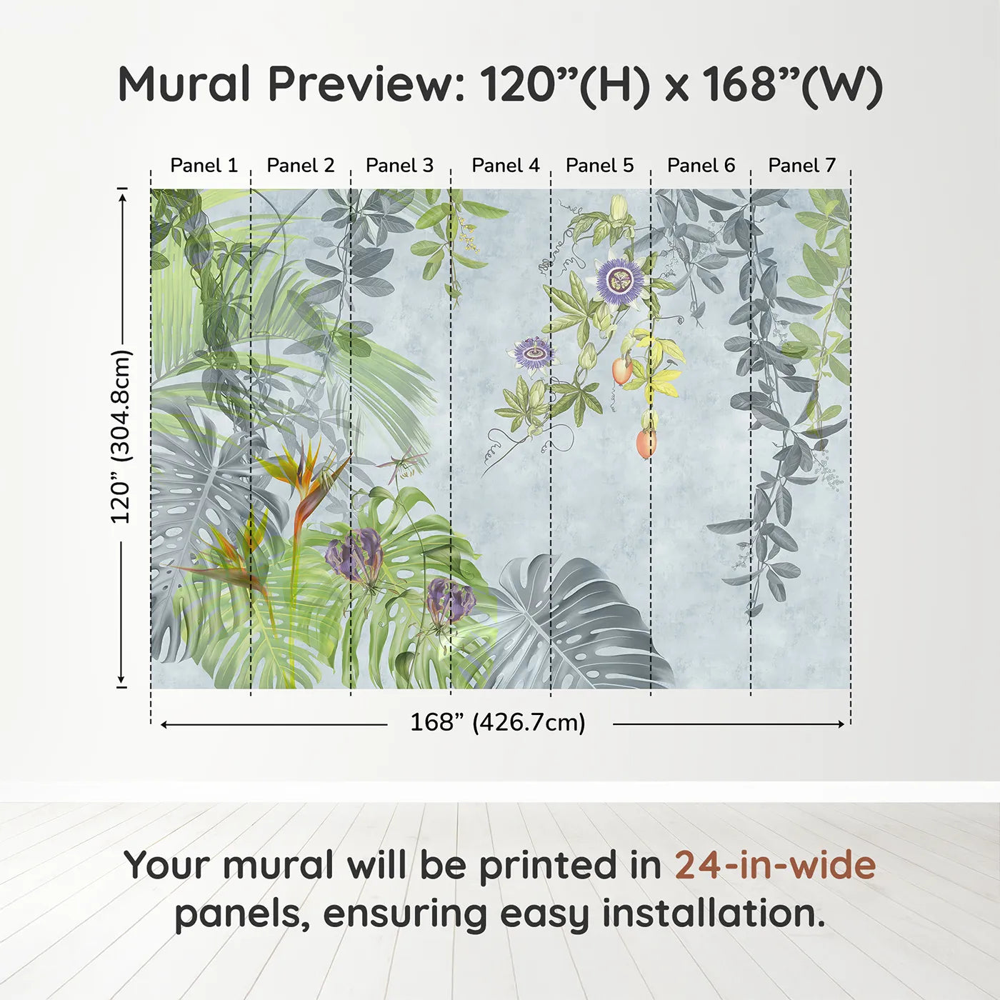 Whimsy Tots Exotic Garden Wall Muraldimension view (120" H x 168" W). Printed in seven 24-inch-wide panels. Gender-Neutral