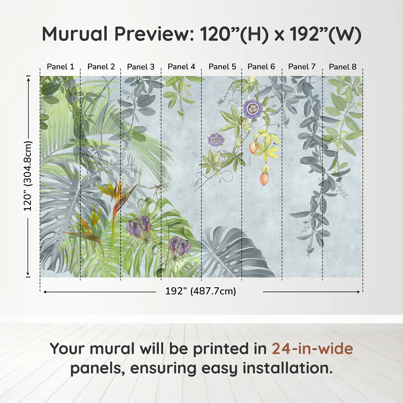 Whimsy Tots Exotic Garden Wall Muraldimension view (120" H x 192" W). Printed in eight 24-inch-wide panels. Gender-Neutral
