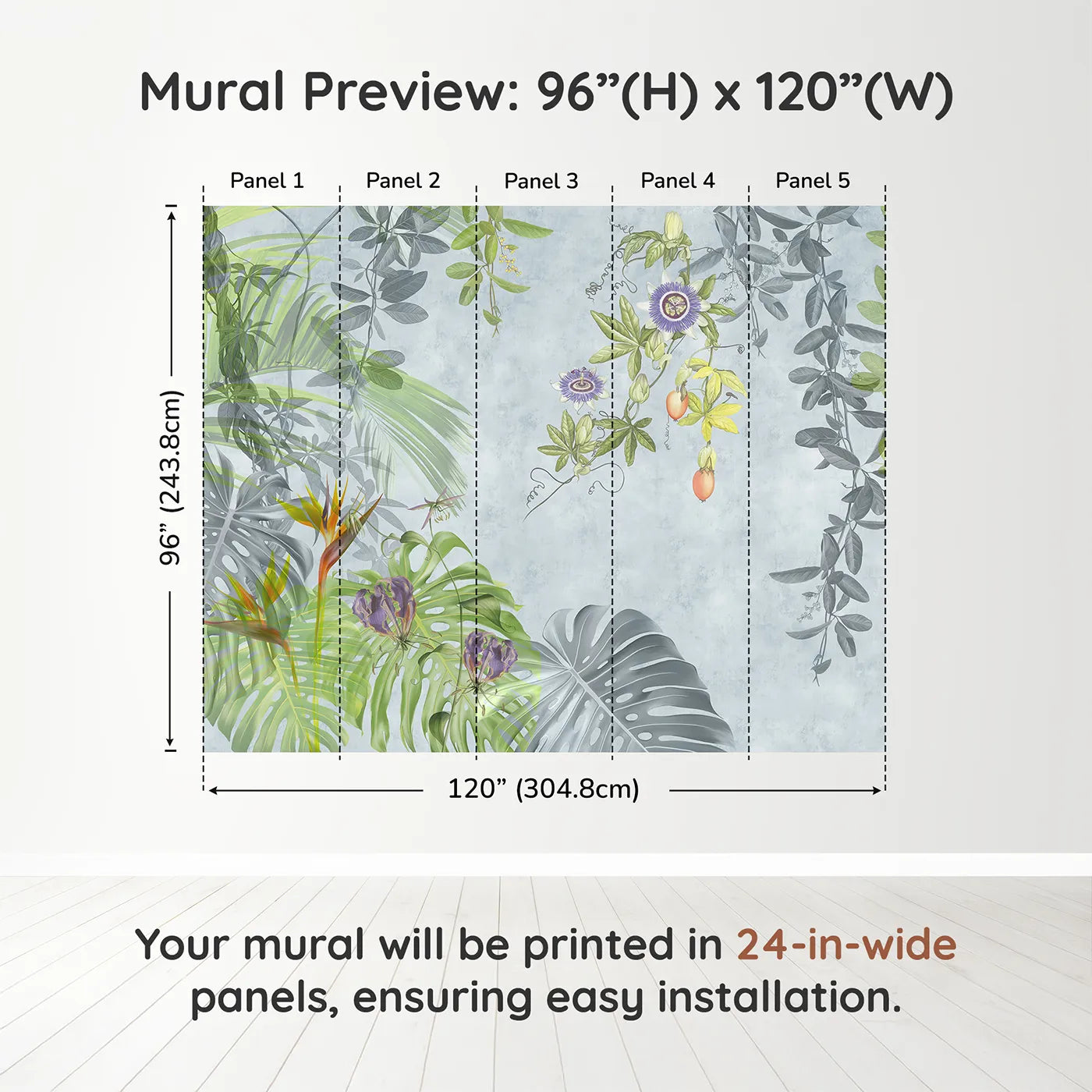 Whimsy Tots Exotic Garden Wall Muraldimension view (96" H x 120" W). Printed in five 24-inch-wide panels. Gender-Neutral