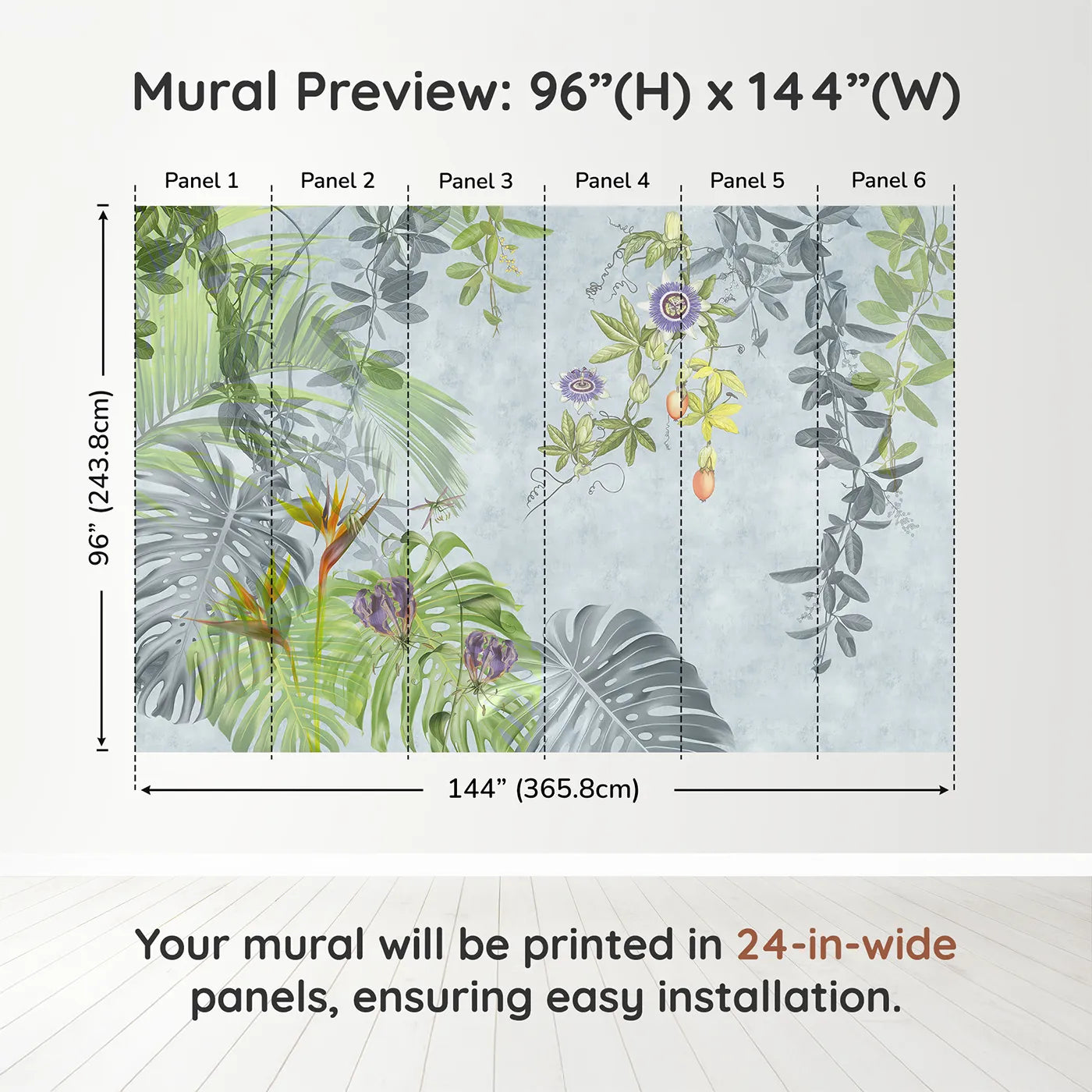 Whimsy Tots Exotic Garden Wall Muraldimension view (96" H x 144" W). Printed in six 24-inch-wide panels. Gender-Neutral