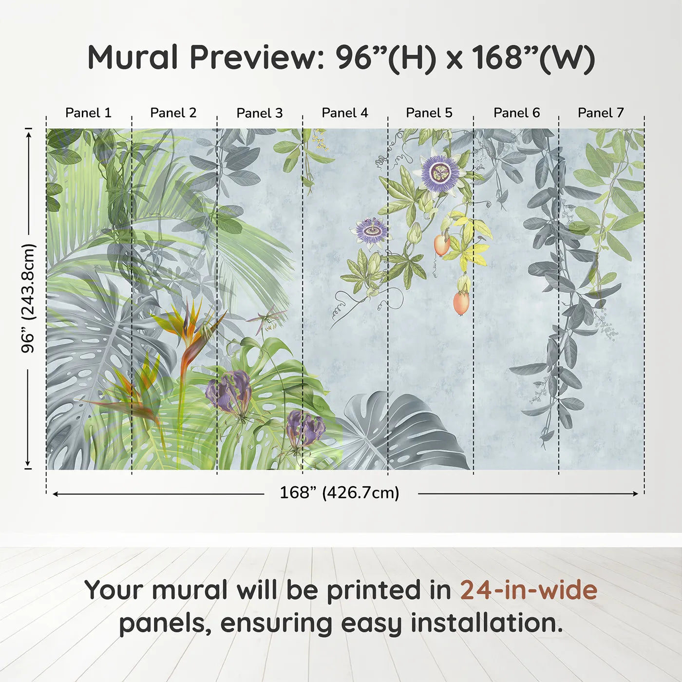 Whimsy Tots Exotic Garden Wall Muraldimension view (96" H x 168" W). Printed in seven 24-inch-wide panels. Gender-Neutral