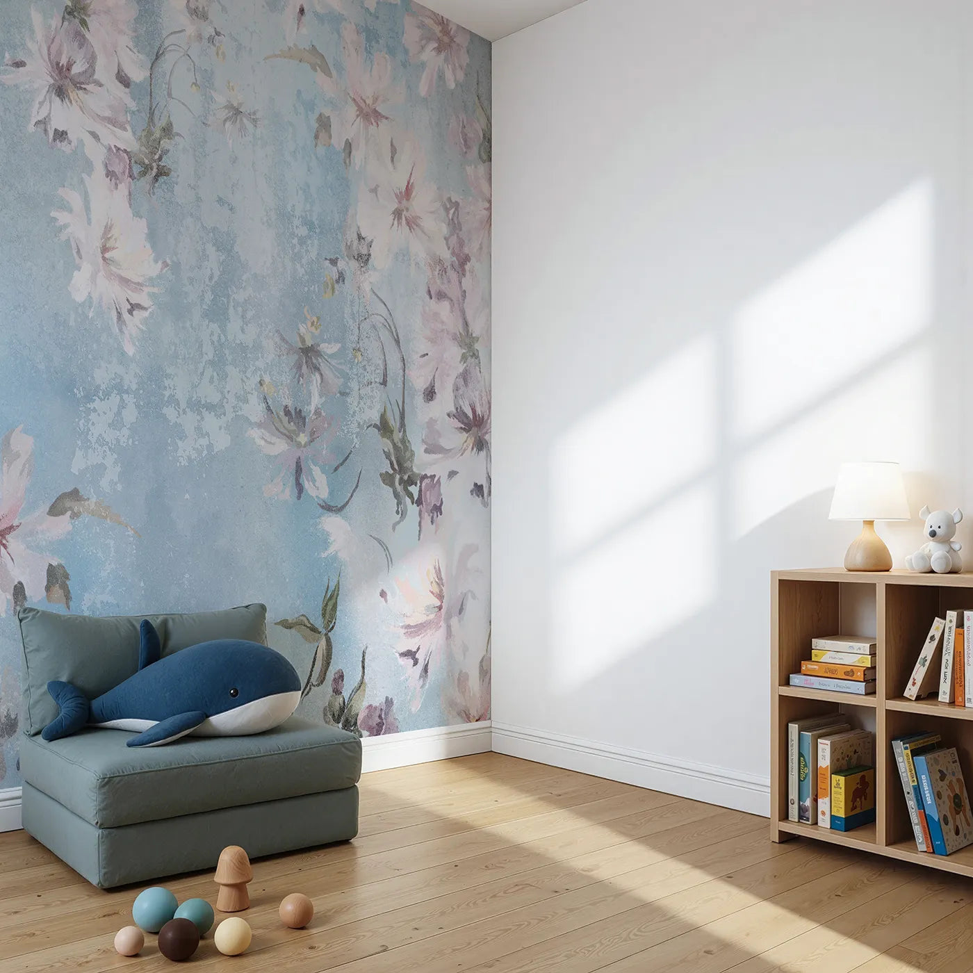 Angled view of Whimsy Tots' Faded Blue Floral Wall Mural (Turn Their Room into a Dreamy, Weathered Flower Garden).Gender-Neutral