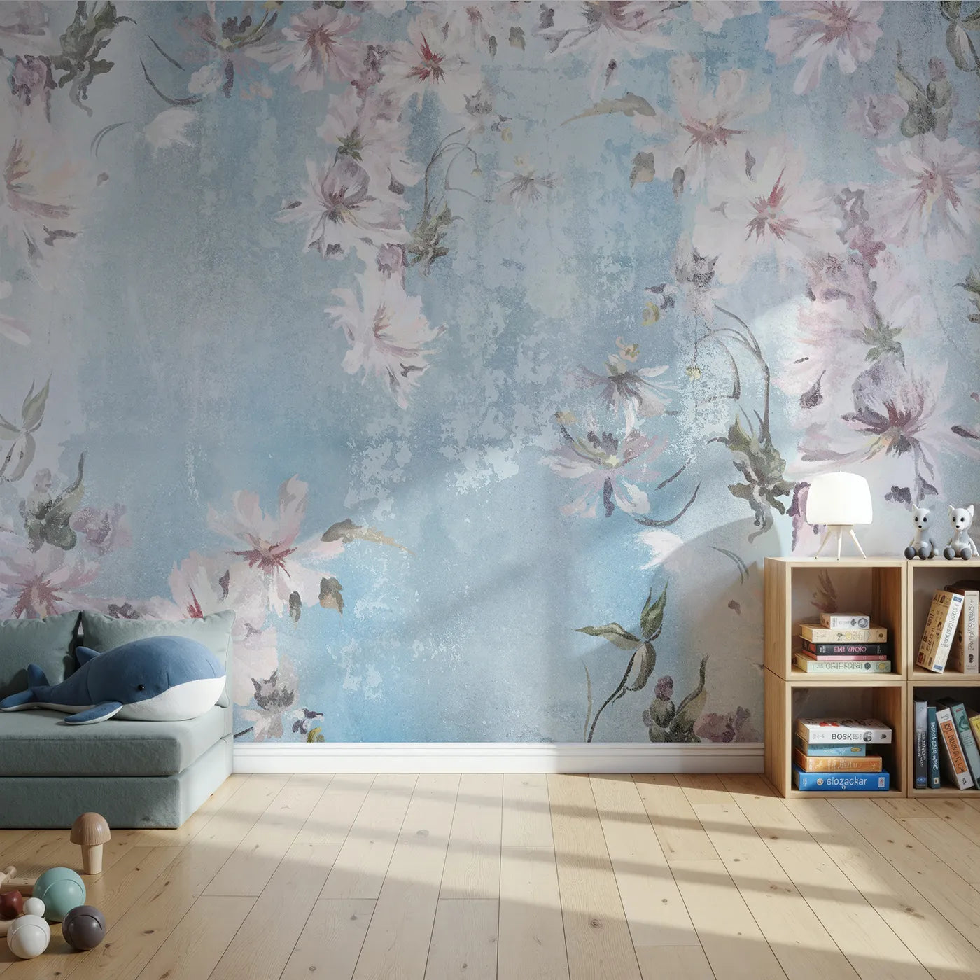 Front view of Whimsy Tots' Faded Blue Floral Wall Mural