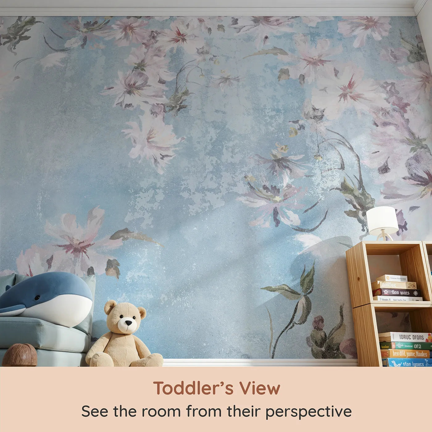Whimsy Tots Faded Blue Floral Wall Mural (Turn Their Room into a Dreamy, Weathered Flower Garden) from your child's view.Gender-Neutral