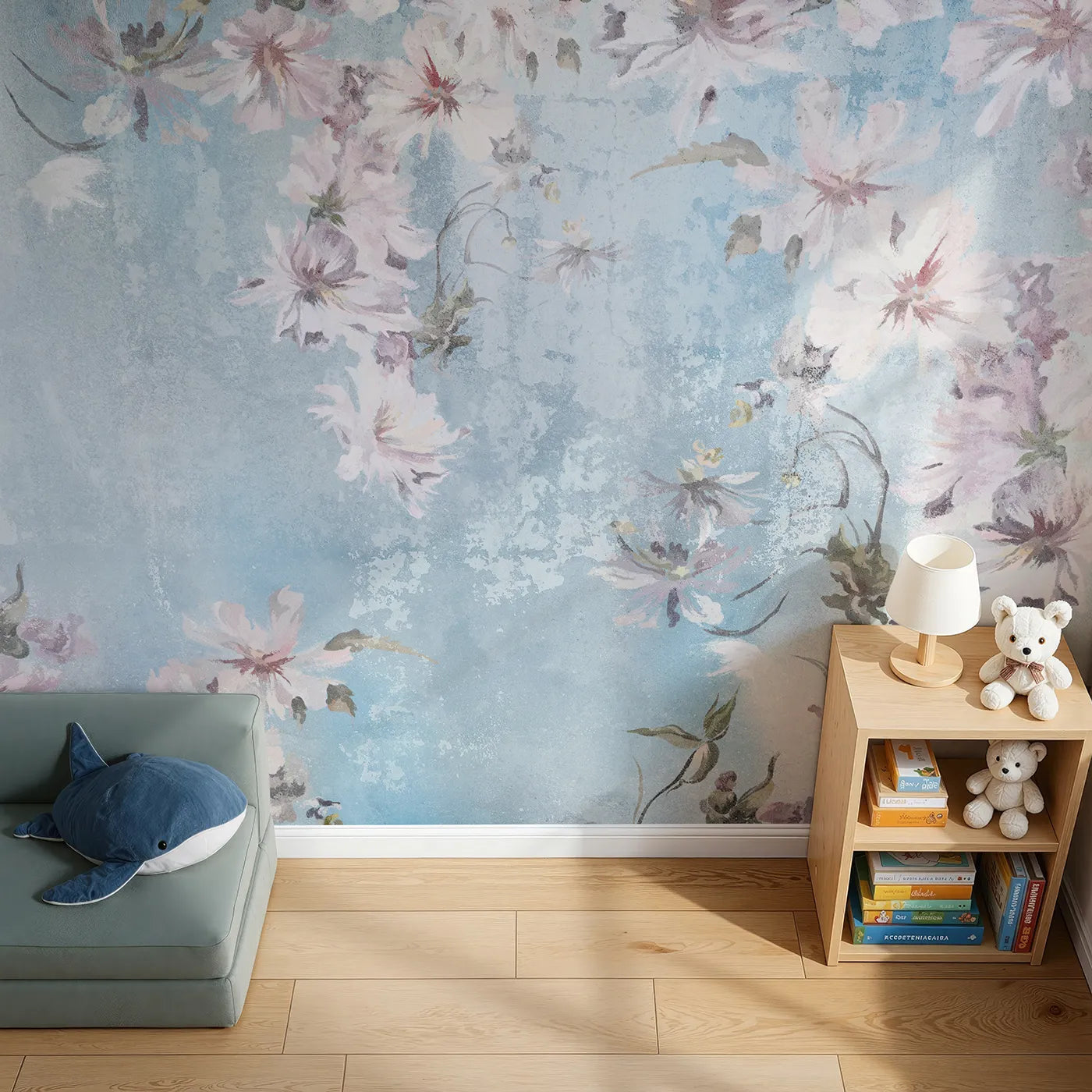 Top-down view of Whimsy Tots' Faded Blue Floral Wall Mural (Turn Their Room into a Dreamy, Weathered Flower Garden).Gender-Neutral