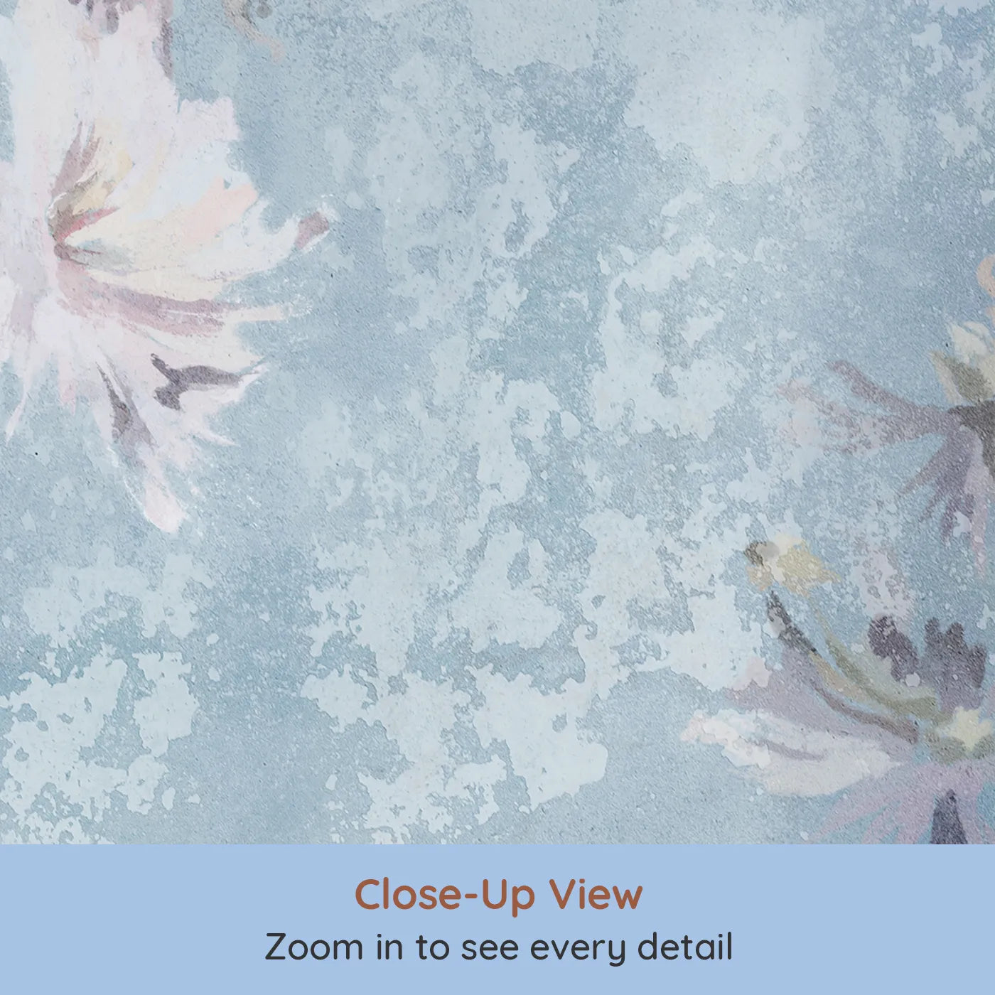 Close-up view of Whimsy Tots' Faded Blue Floral Wall Mural (Turn Their Room into a Dreamy, Weathered Flower Garden).Gender-Neutral