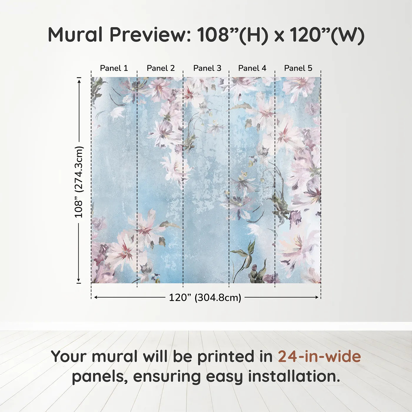Whimsy Tots Faded Blue Floral Wall Muraldimension view (108" H x 120" W). Printed in five 24-inch-wide panels. Gender-Neutral