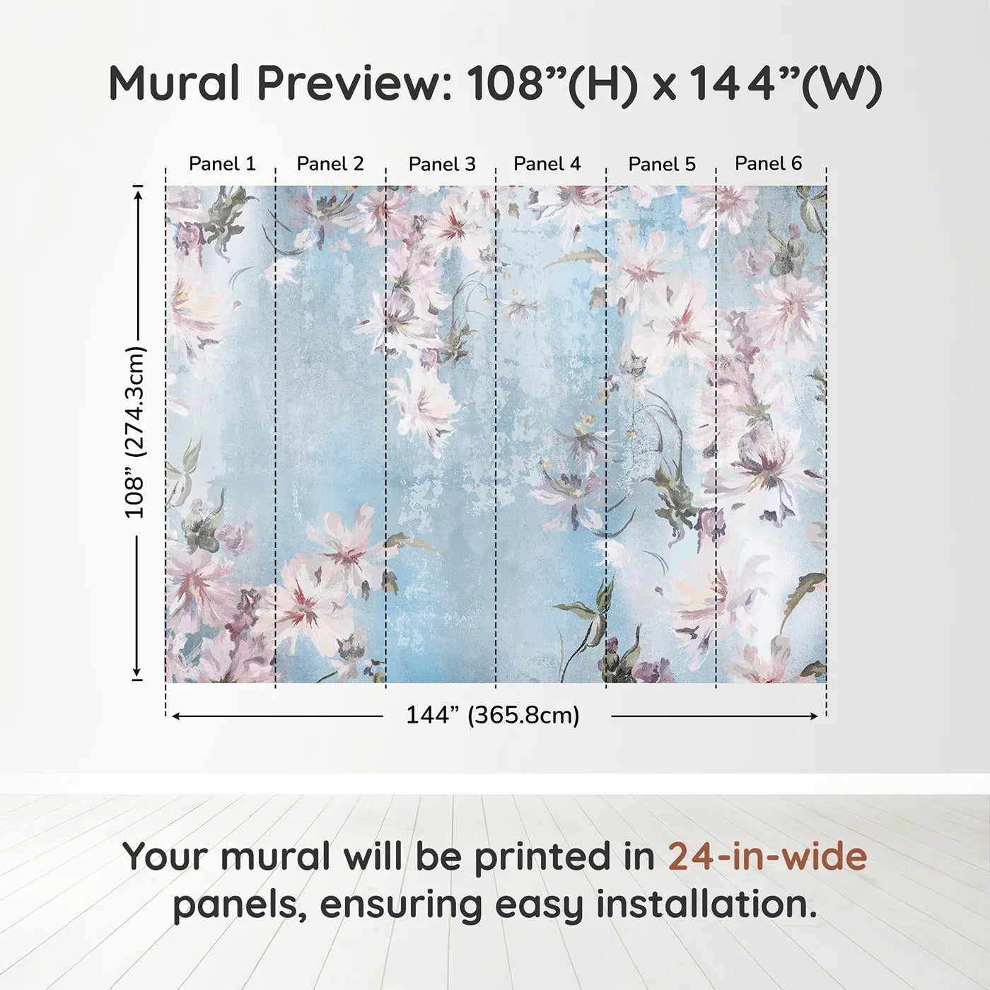 Whimsy Tots Faded Blue Floral Wall Muraldimension view (108" H x 144" W). Printed in six 24-inch-wide panels. Gender-Neutral