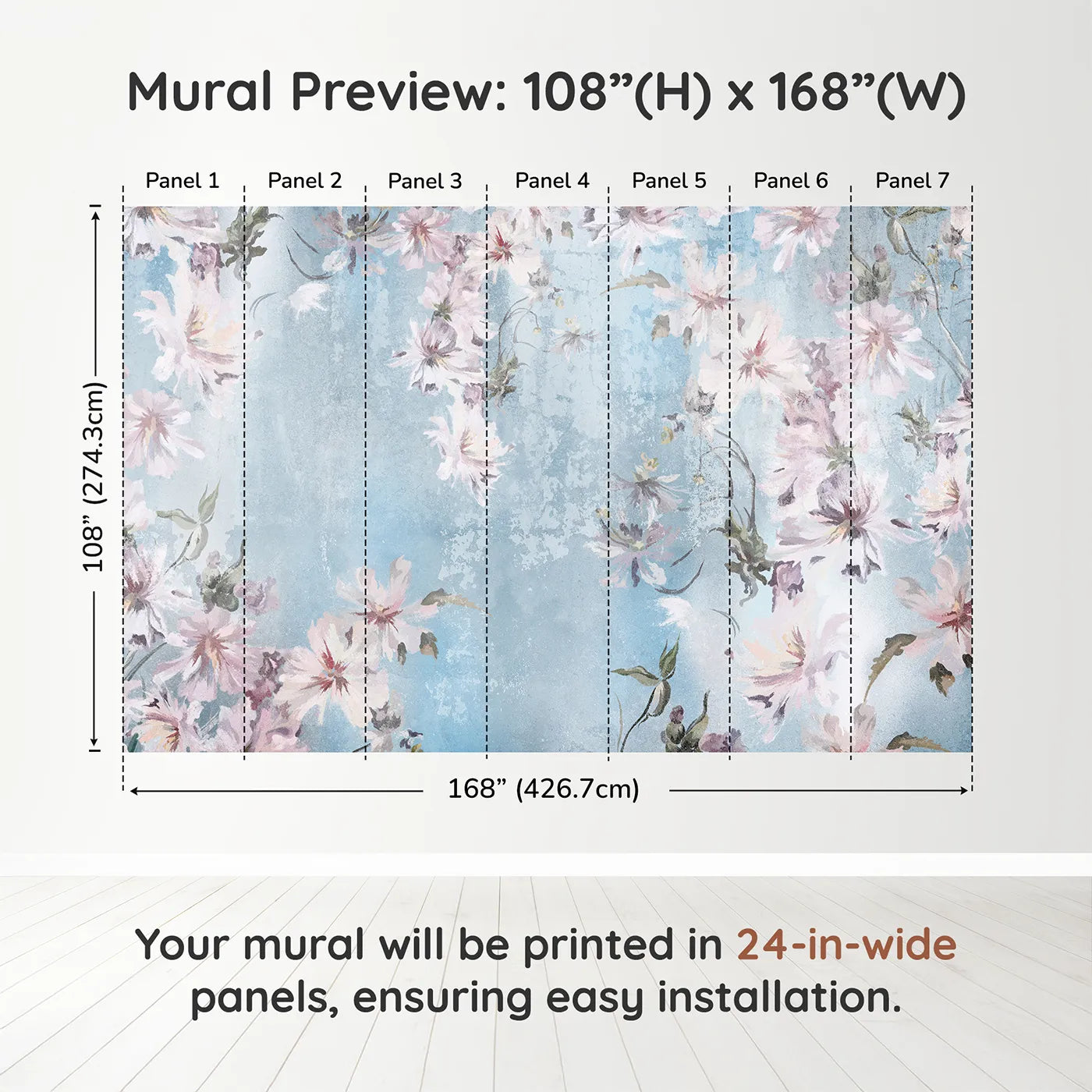 Whimsy Tots Faded Blue Floral Wall Muraldimension view (108" H x 168" W). Printed in seven 24-inch-wide panels. Gender-Neutral
