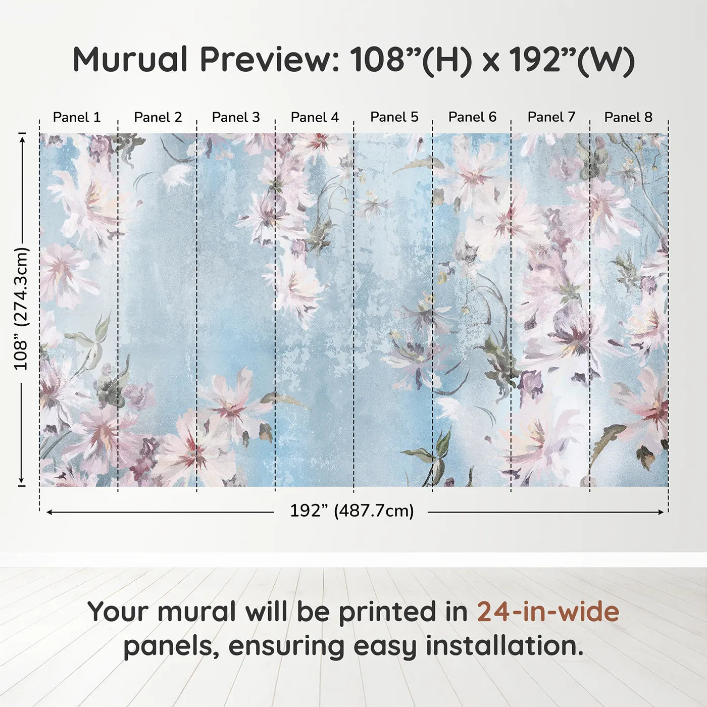 Whimsy Tots Faded Blue Floral Wall Muraldimension view (108" H x 192" W). Printed in eight 24-inch-wide panels. Gender-Neutral