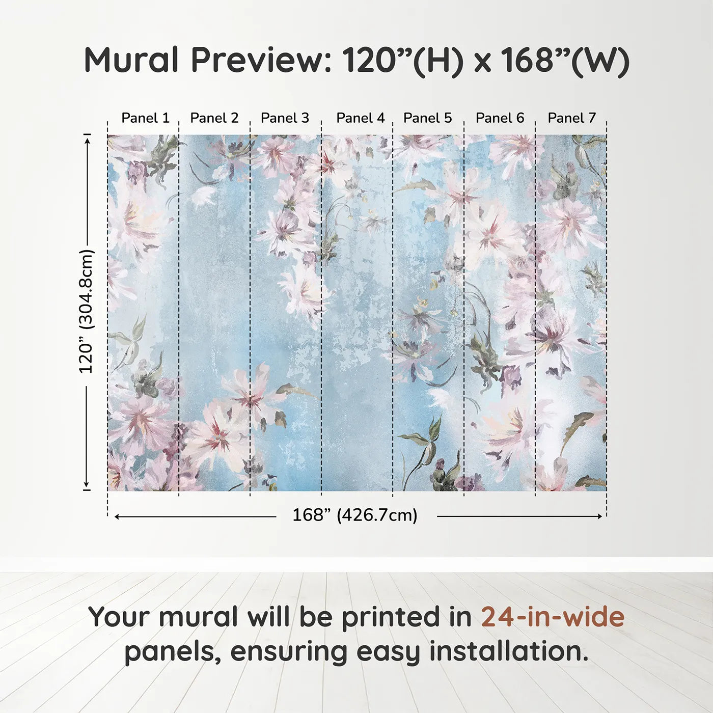 Whimsy Tots Faded Blue Floral Wall Muraldimension view (120" H x 168" W). Printed in seven 24-inch-wide panels. Gender-Neutral