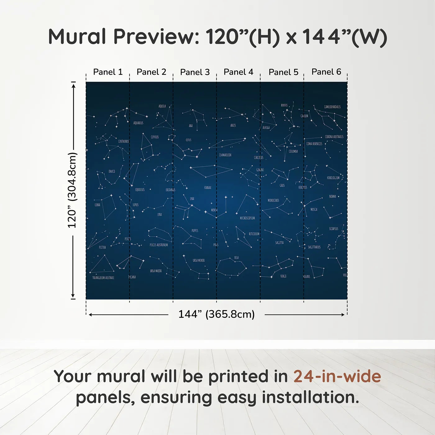 Whimsy Tots Constellation Chart Wall Muraldimension view (120" H x 144" W). Printed in six 24-inch-wide panels. Gender-Neutral