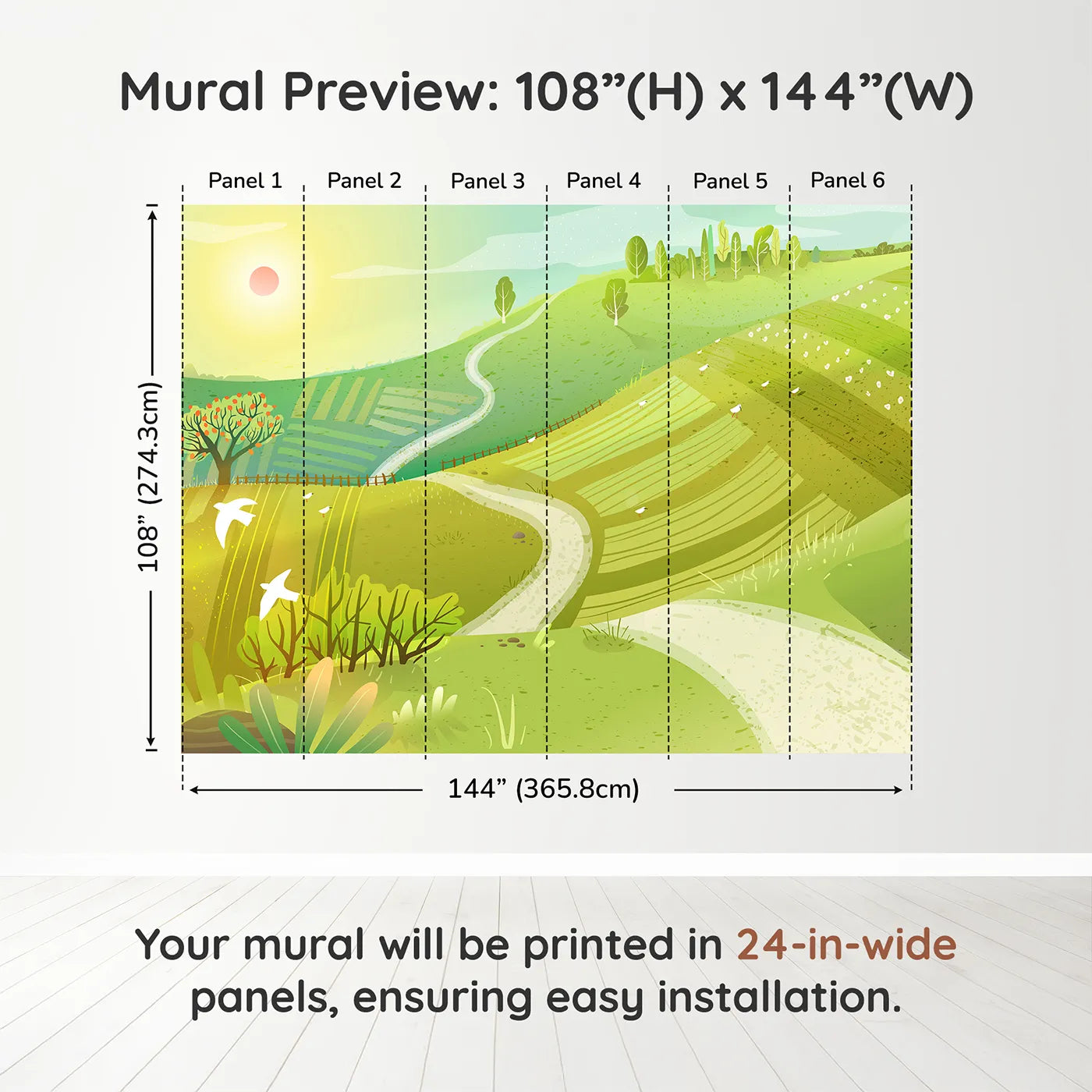 Whimsy Tots Rolling Hills of Spring Wall Muraldimension view (108" H x 144" W). Printed in six 24-inch-wide panels. Gender-Neutral