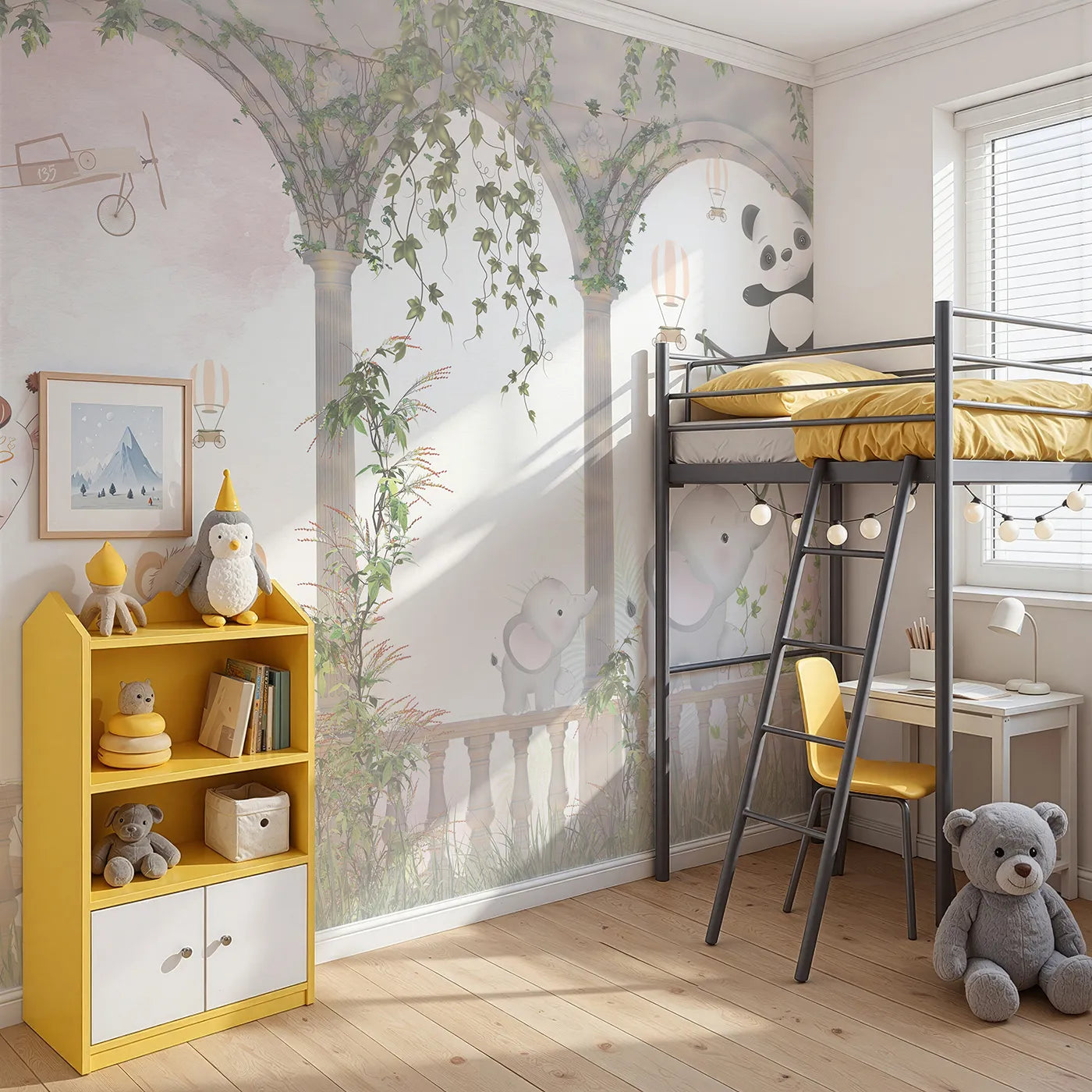 Angled view of Whimsy Tots' Safari Garden Party Wall Mural (Turn Their Room into the Most Elegant Jungle Gathering).Gender-Neutral