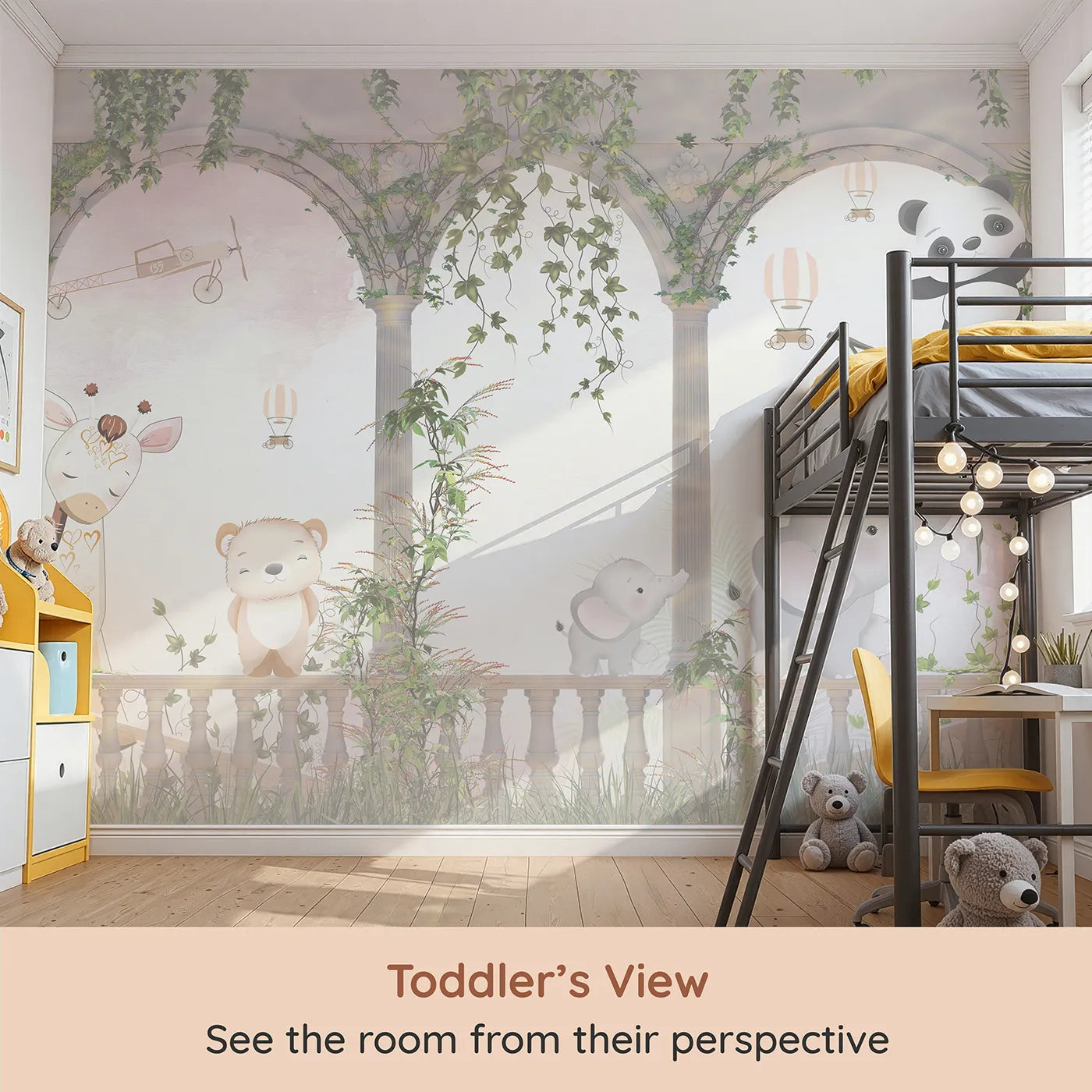 Whimsy Tots Safari Garden Party Wall Mural (Turn Their Room into the Most Elegant Jungle Gathering) from your child's view.Gender-Neutral