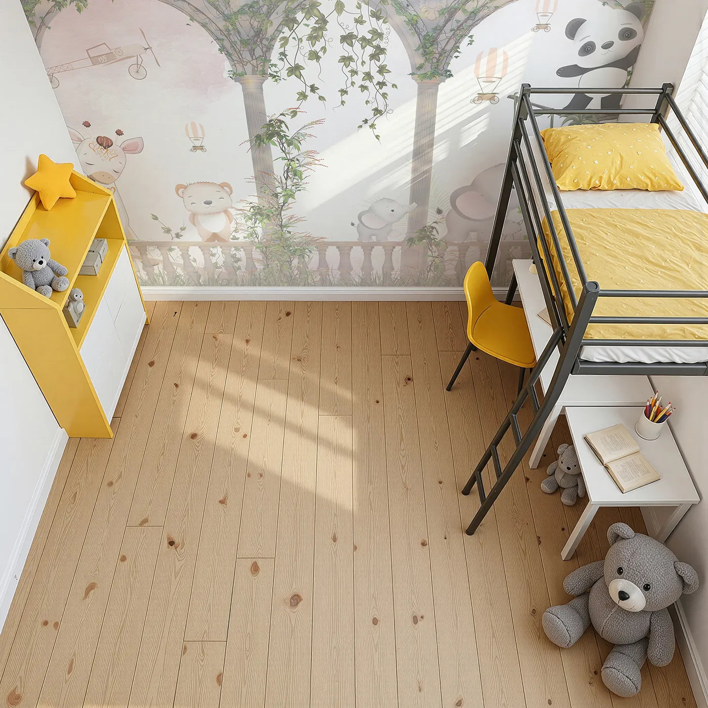 Top-down view of Whimsy Tots' Safari Garden Party Wall Mural (Turn Their Room into the Most Elegant Jungle Gathering).Gender-Neutral