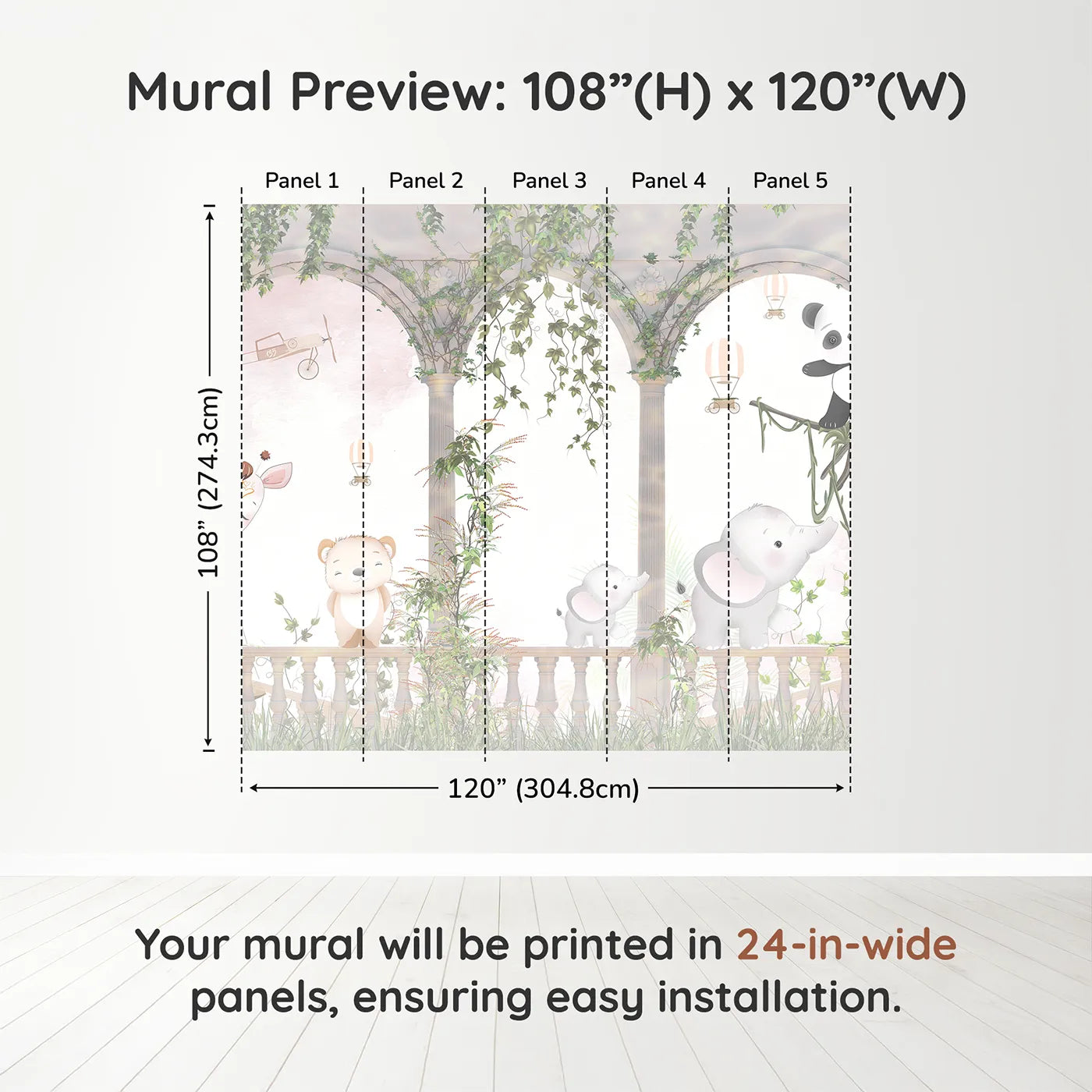 Whimsy Tots Safari Garden Party Wall Muraldimension view (108" H x 120" W). Printed in five 24-inch-wide panels. Gender-Neutral