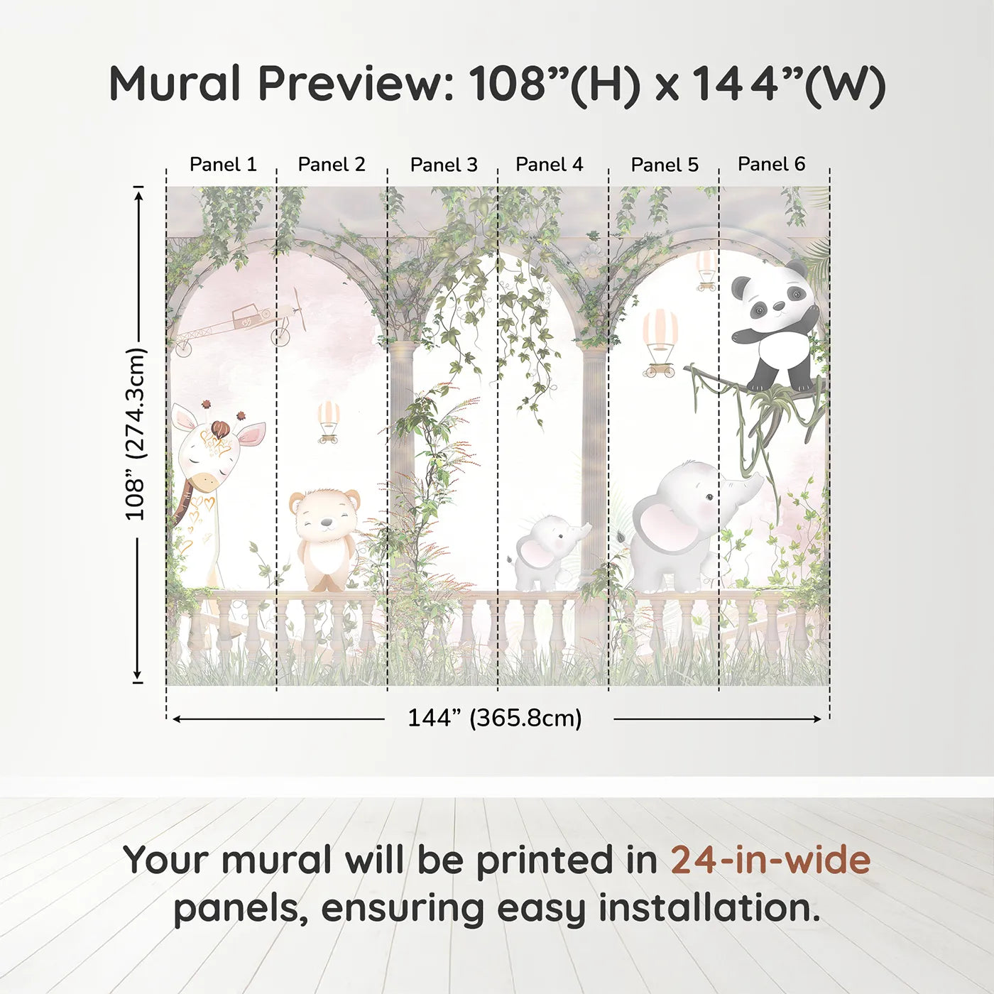 Whimsy Tots Safari Garden Party Wall Muraldimension view (108" H x 144" W). Printed in six 24-inch-wide panels. Gender-Neutral