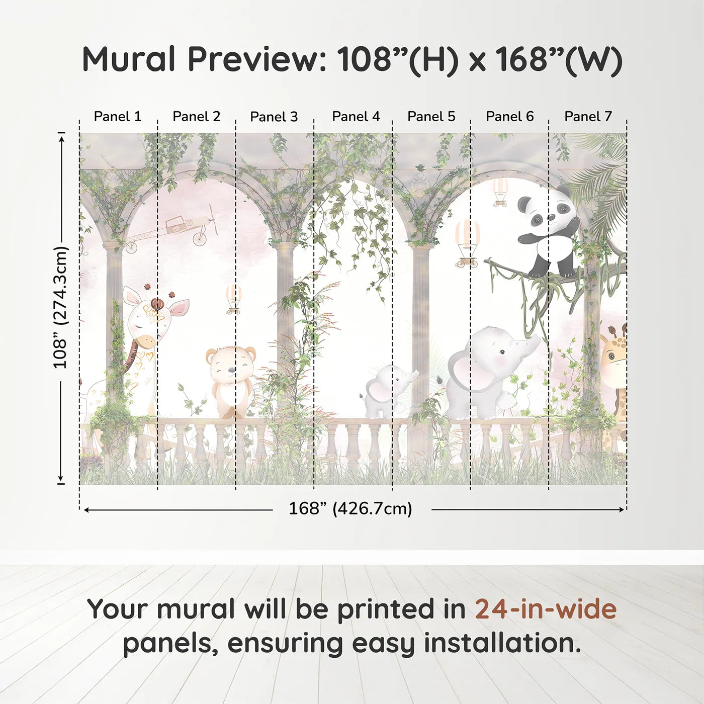 Whimsy Tots Safari Garden Party Wall Muraldimension view (108" H x 168" W). Printed in seven 24-inch-wide panels. Gender-Neutral