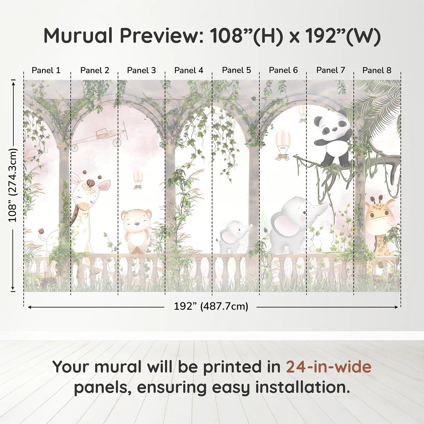 Whimsy Tots Safari Garden Party Wall Muraldimension view (108" H x 192" W). Printed in eight 24-inch-wide panels. Gender-Neutral