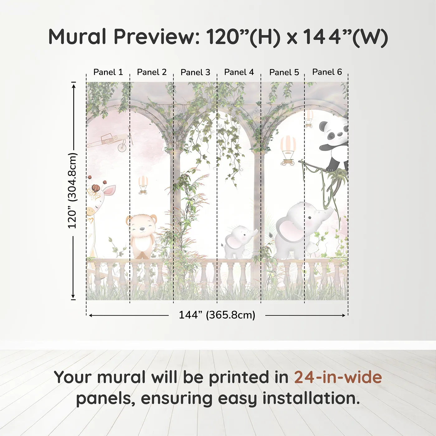 Whimsy Tots Safari Garden Party Wall Muraldimension view (120" H x 144" W). Printed in six 24-inch-wide panels. Gender-Neutral