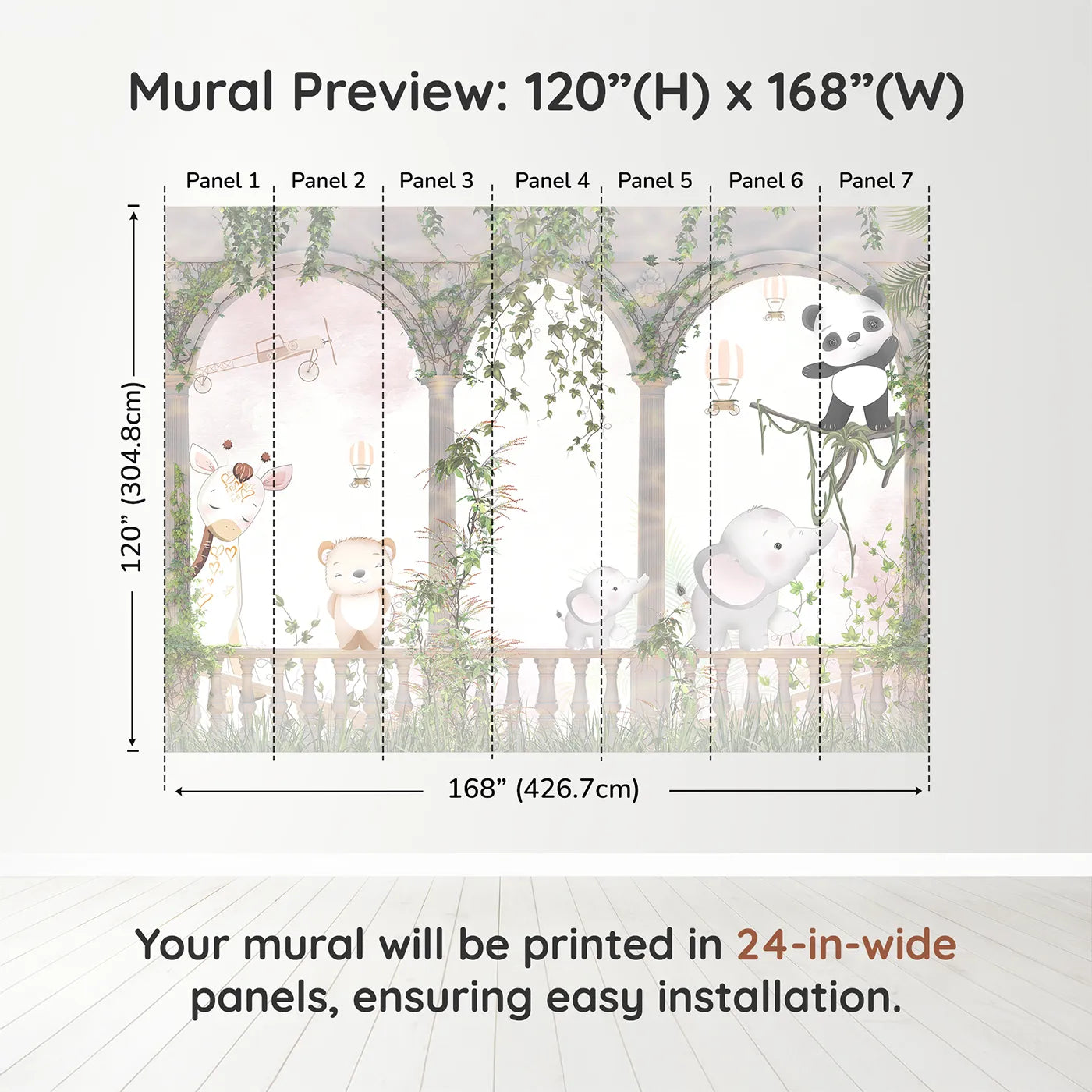 Whimsy Tots Safari Garden Party Wall Muraldimension view (120" H x 168" W). Printed in seven 24-inch-wide panels. Gender-Neutral