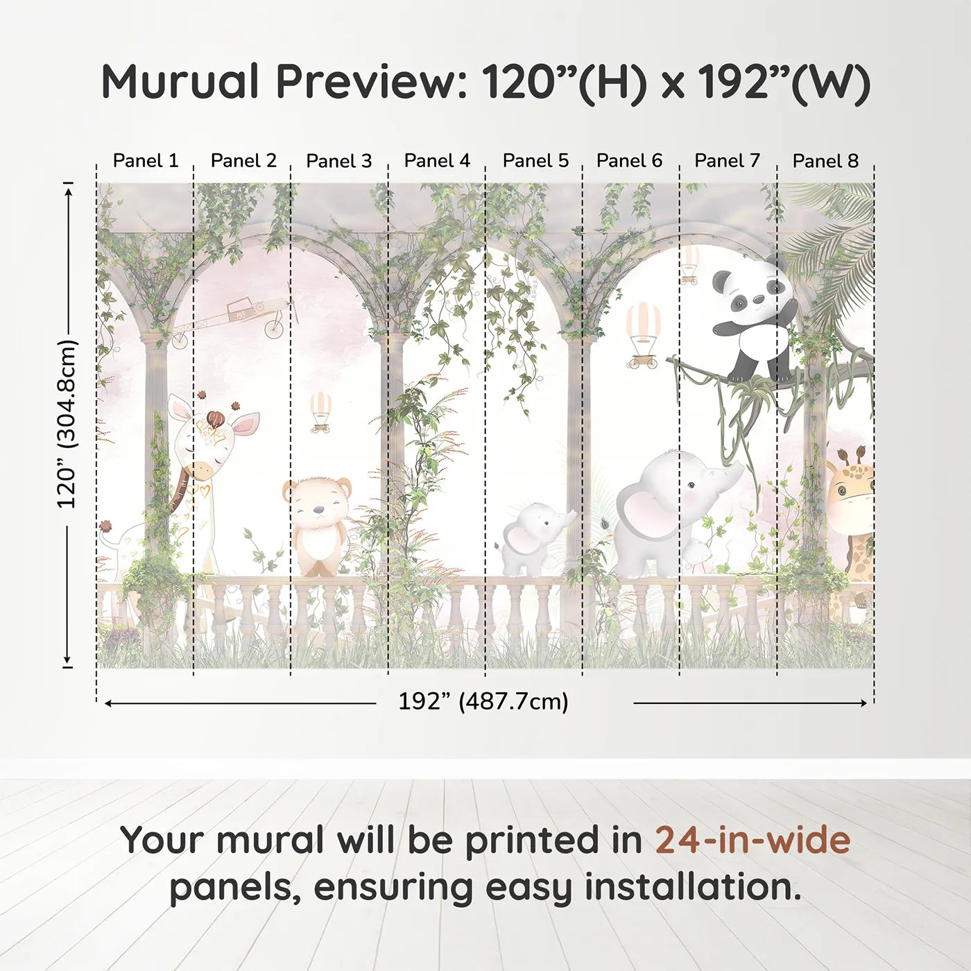 Whimsy Tots Safari Garden Party Wall Muraldimension view (120" H x 192" W). Printed in eight 24-inch-wide panels. Gender-Neutral