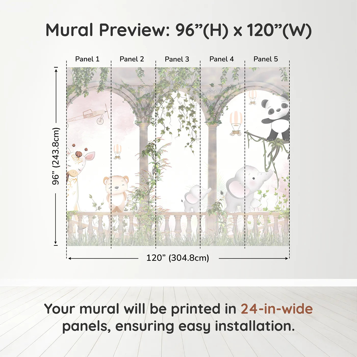 Whimsy Tots Safari Garden Party Wall Muraldimension view (96" H x 120" W). Printed in five 24-inch-wide panels. Gender-Neutral